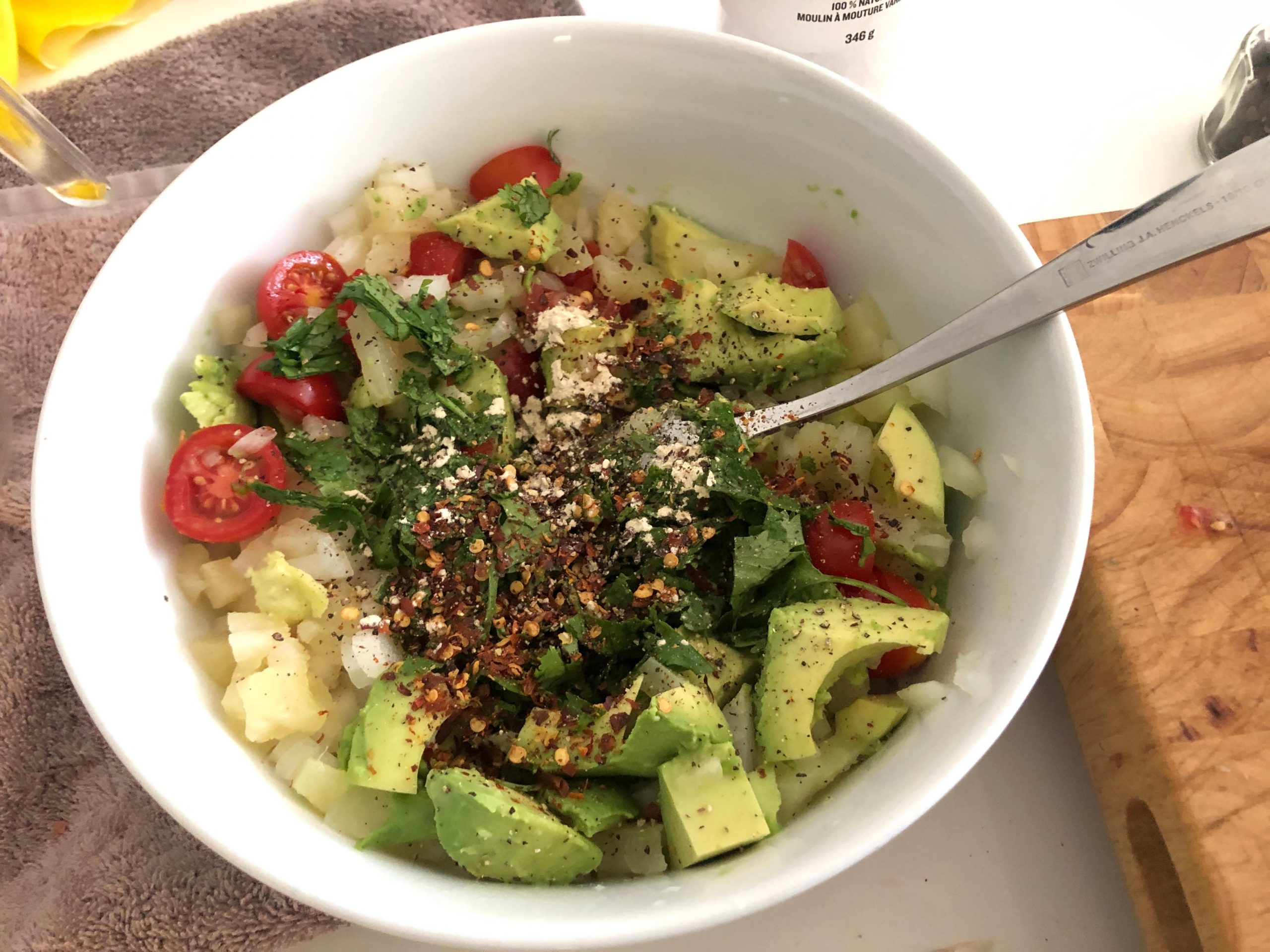 The chopped ingredients in a white bowl for Trisha Yearwood's burrito