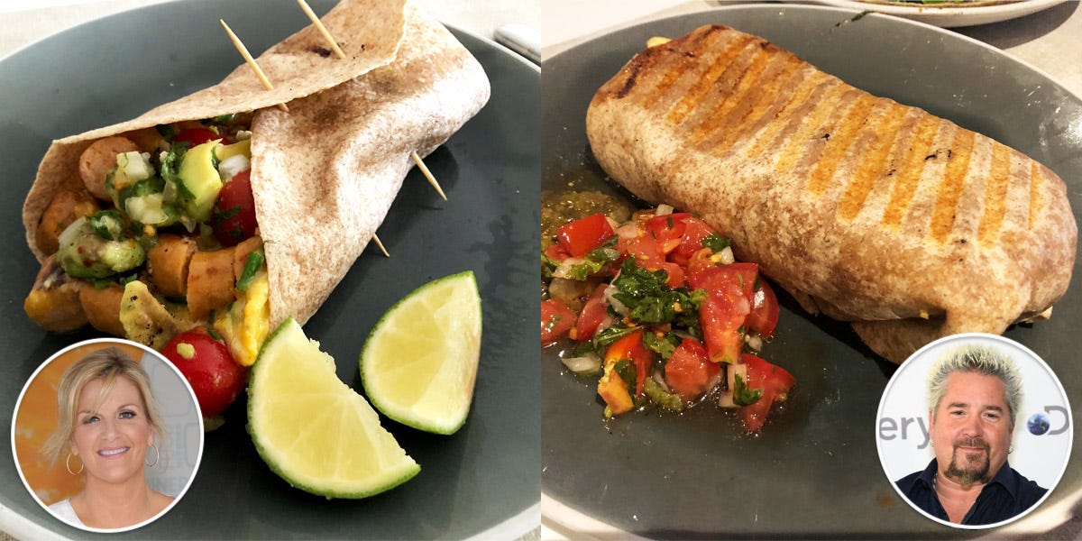 On the left, Trisha Yearwood's breakfast burrito held together by toothpicks on plate with limes. On the right, Guy Fieri breakfast burrito on plate with salsa.