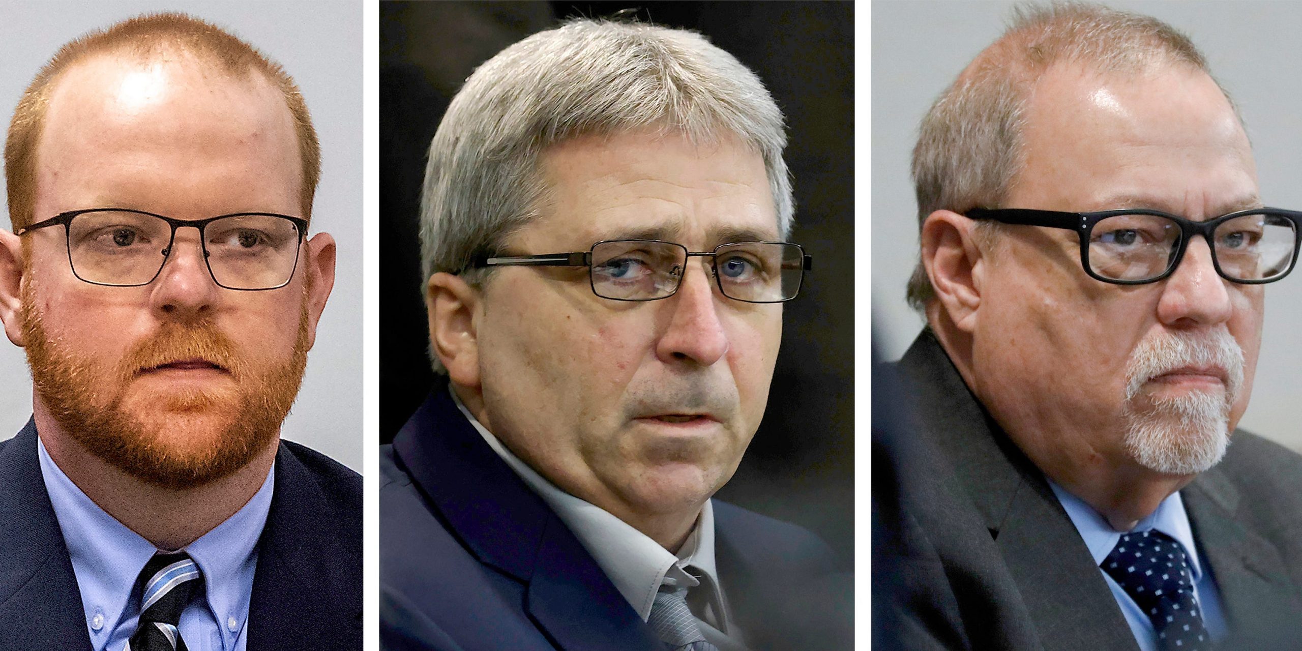 This photo combo shows, from left, Travis McMichael, William "Roddie" Bryan, and Gregory McMichael during their trial at at the Glynn County Courthouse in Brunswick, Ga.