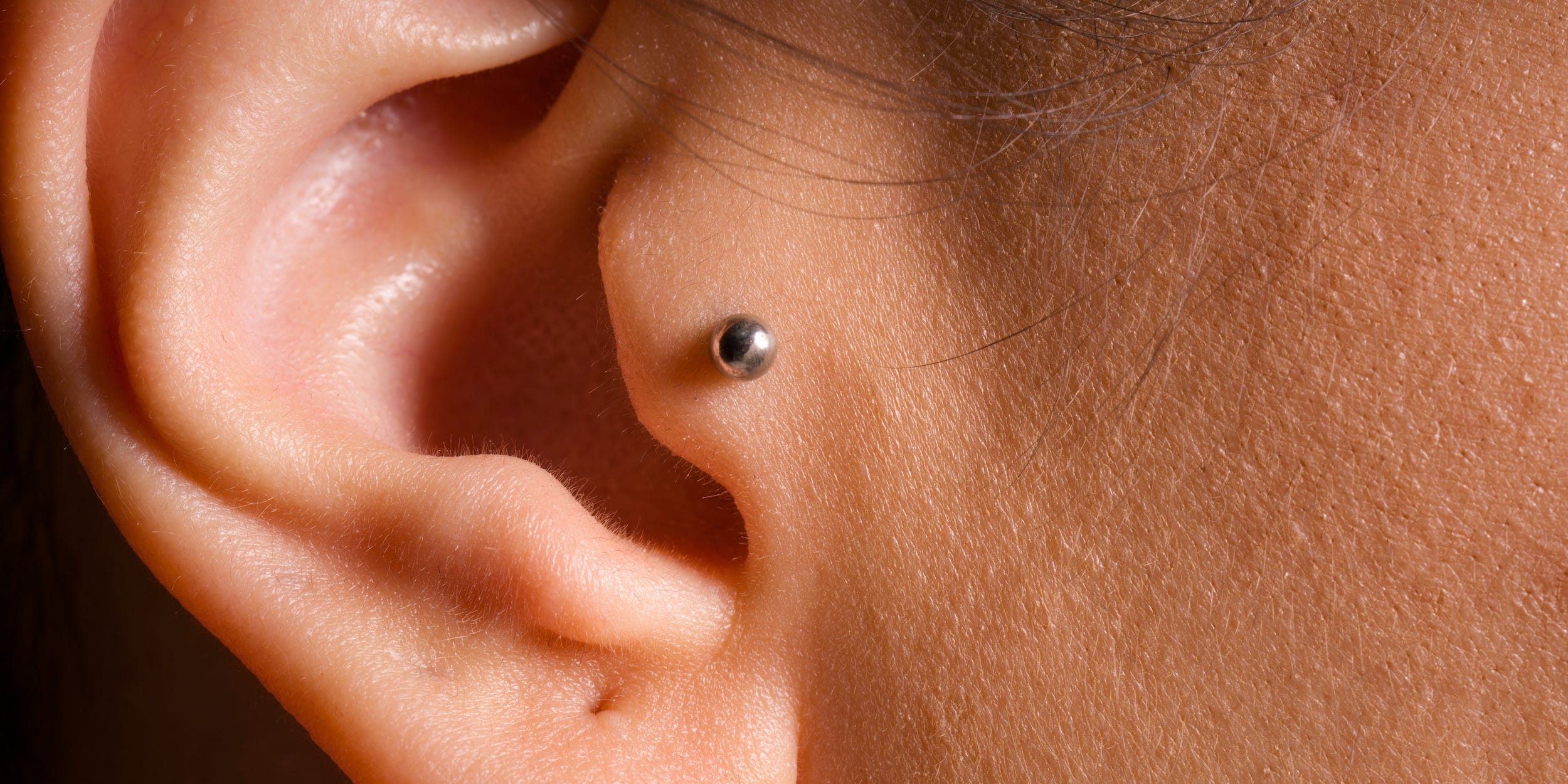 A close-up of an ear with a ball stud tragus piercing and an empty lobe piercing.