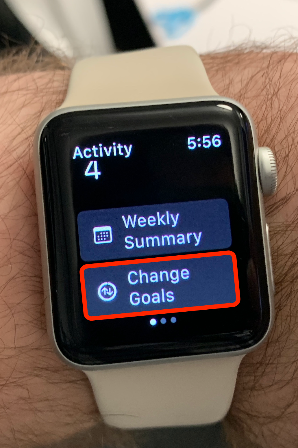 The Activity app on an Apple Watch. The Change Goals option is highlighted.