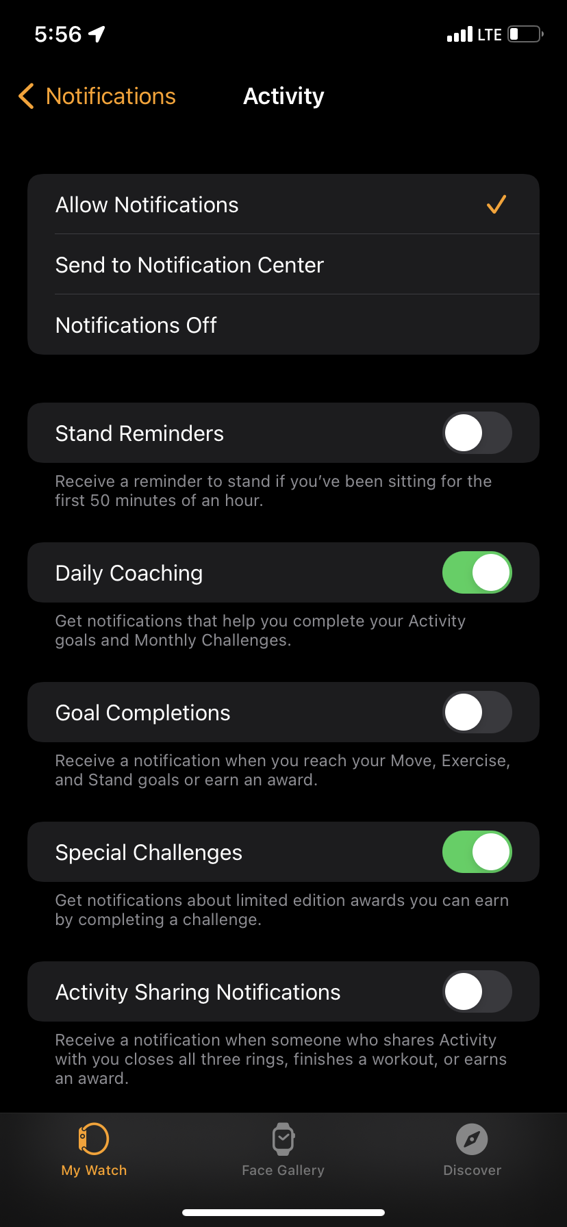 The Activity notifications options page in the iPhone Watch app.