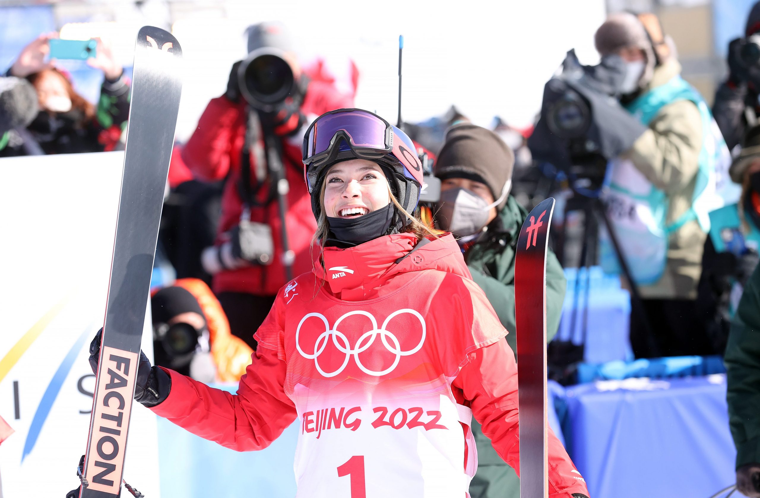 Gold medallist Eileen Gu of Team China smiles after her final run at the women's halfpipe ski event.