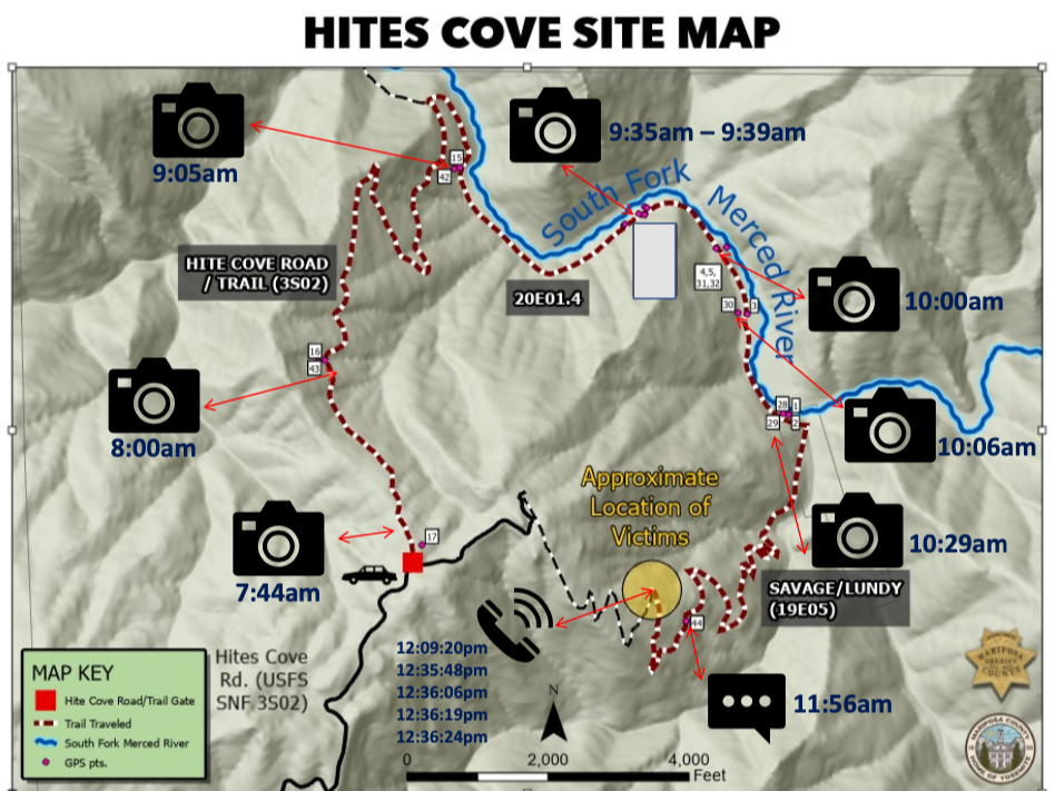 Map shows the hike and where the bodies were found, as well as where the text and calls for help were made.