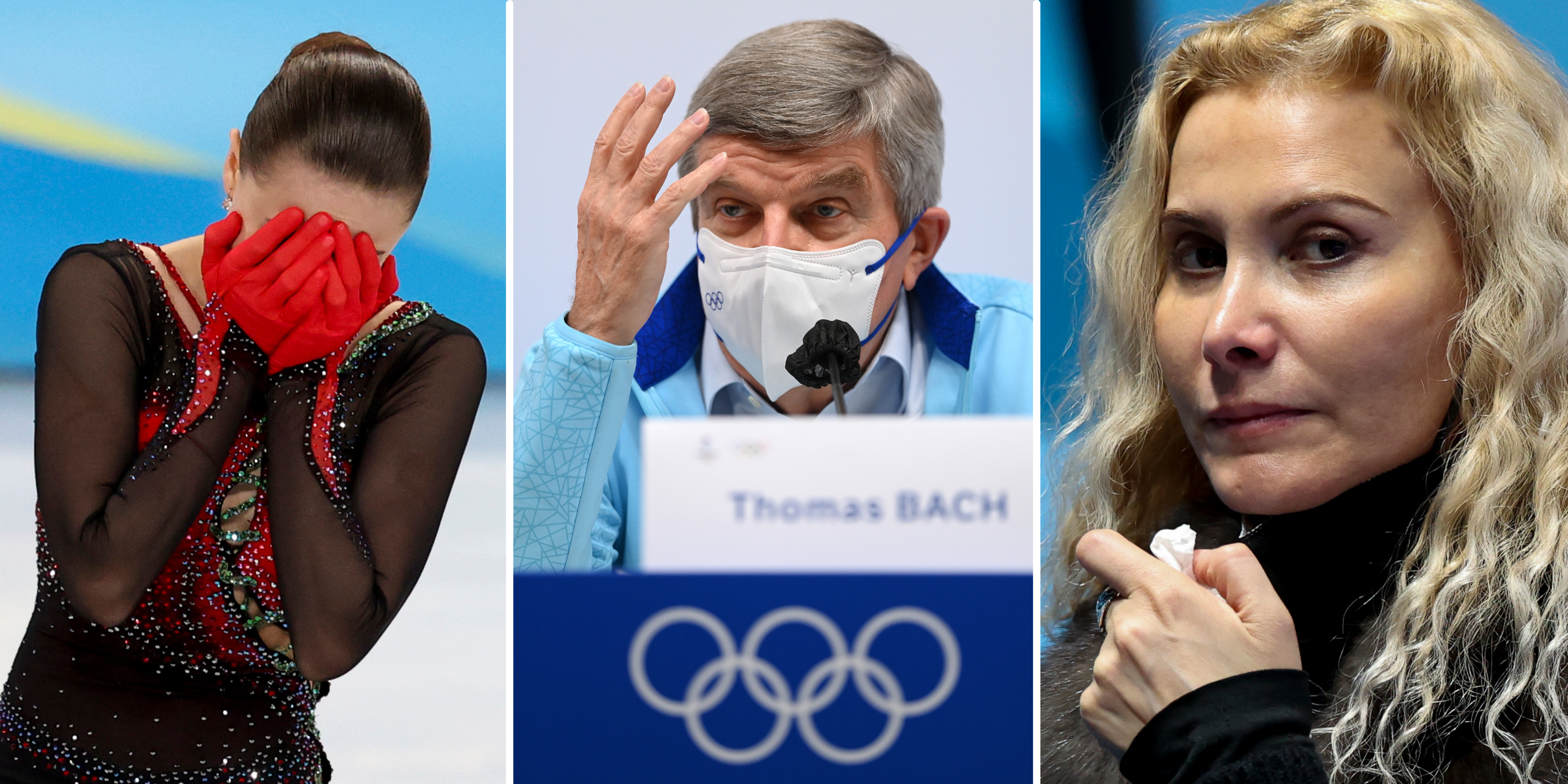 Kamila Valieva covers her face as she cries, Thomas Bach speaks at a press conference, Eteri Tutberidze removes her mask