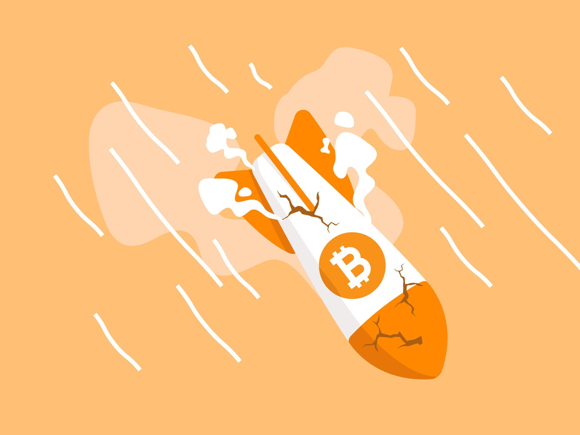 Bitcoin rocket crash flying down graphic