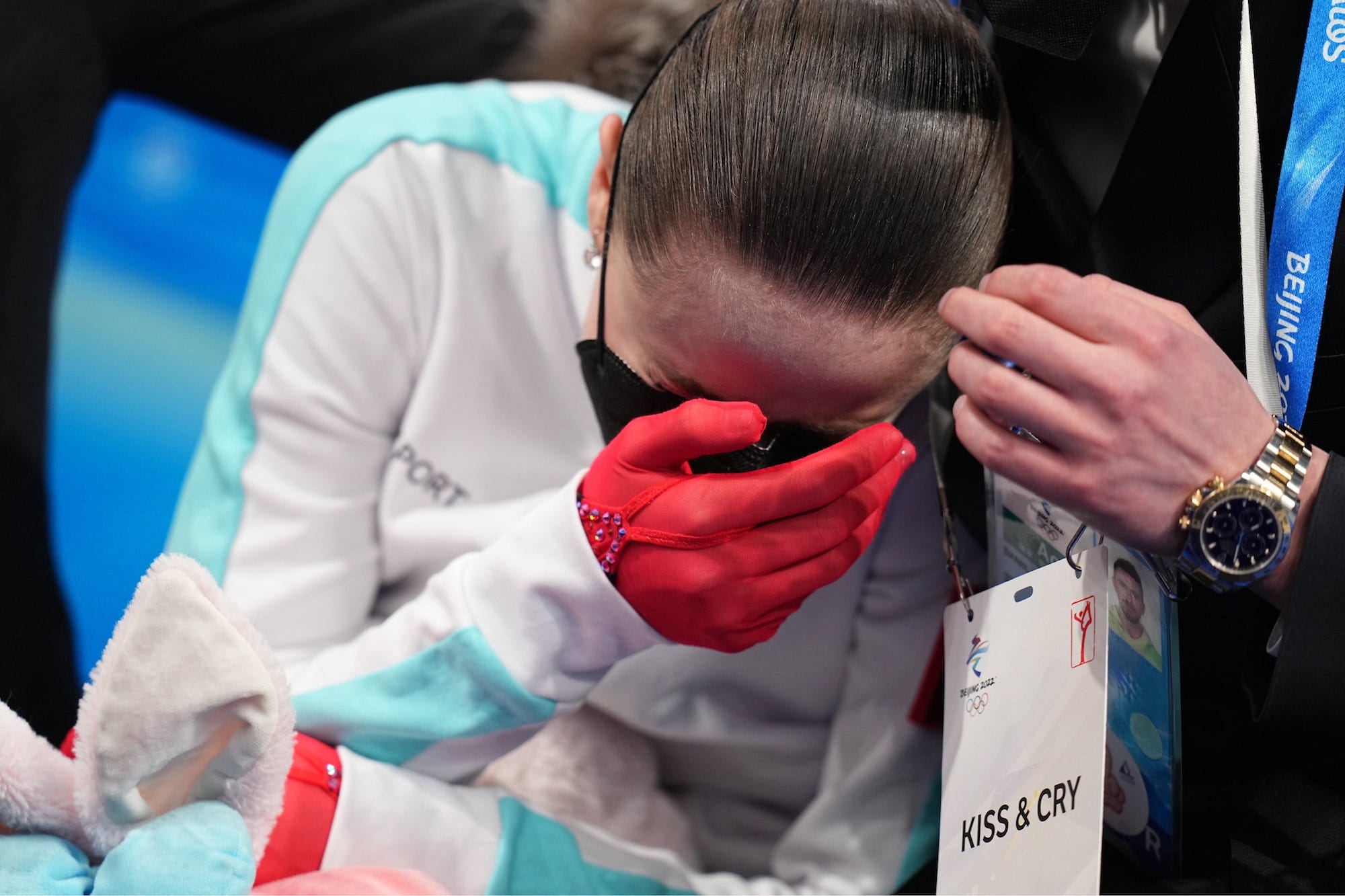 Kamila Valieva of Team ROC reacts during the Women Single Skating Free Skating on day thirteen of the Beijing 2022 Winter Olympic Games at Capital Indoor Stadium