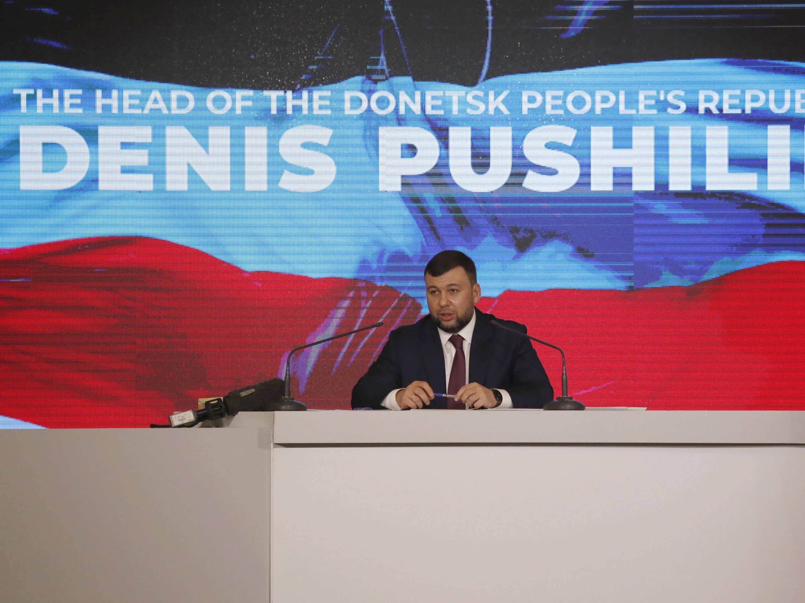 Head of self-proclaimed Donetsk People's Republic Denis Pushilin during his press-conference, in Donetsk, Ukraine, February 11, 2022.