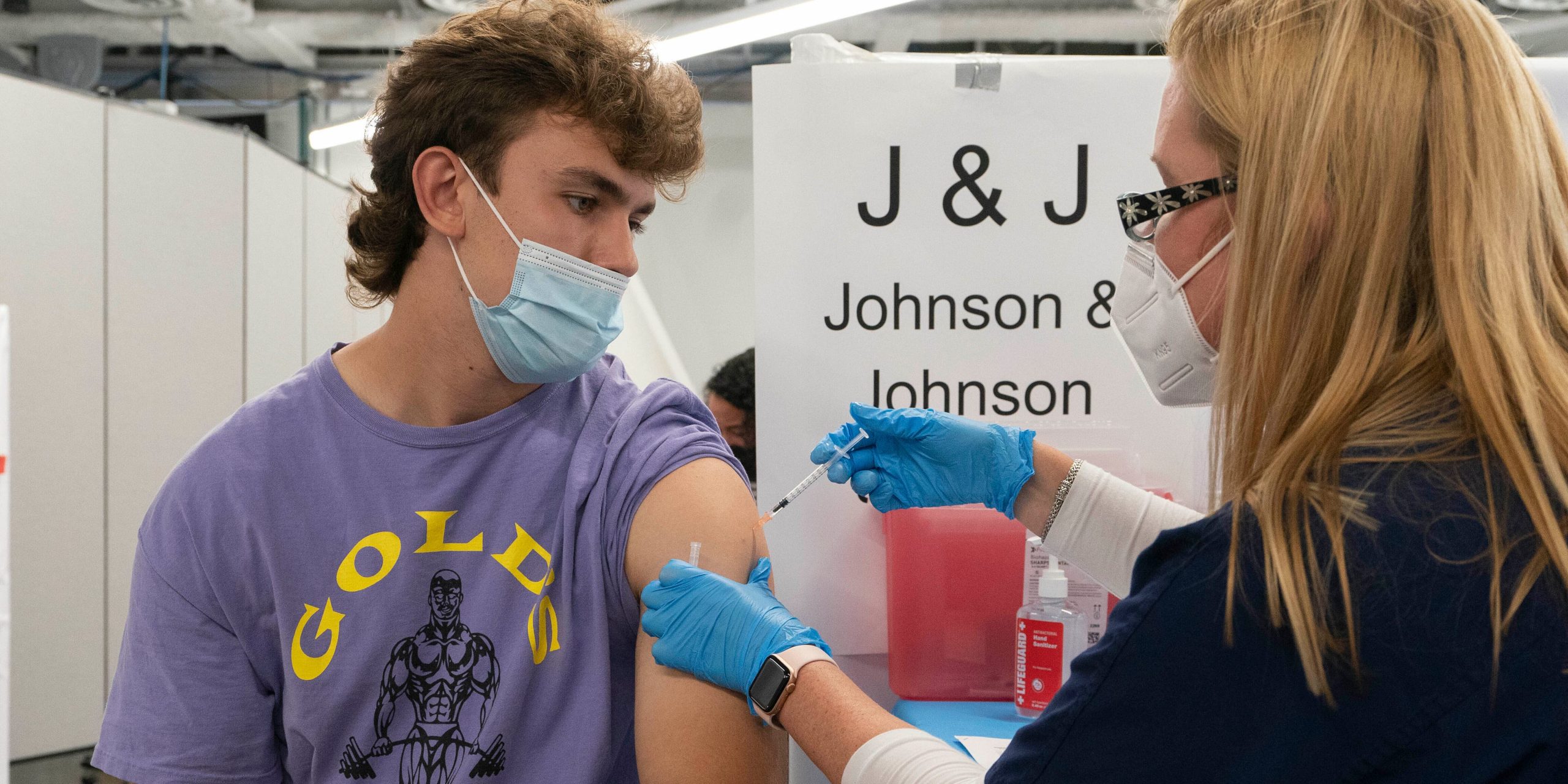 In this July 30, 2021 file photo, Bradley Sharp, of Saratoga, N.Y., gets the Johnson & Johnson vaccine from registered nurse Stephanie Wagner, in New York.