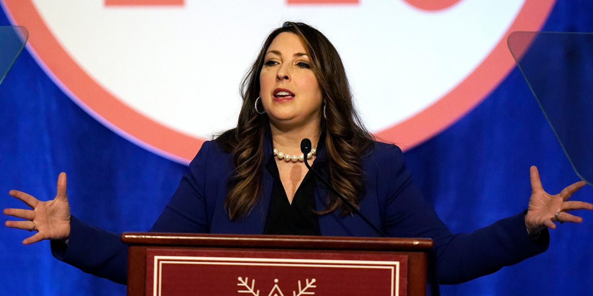 Ronna McDaniel, the GOP chairwoman, speaks during the Republican National Committee winter meeting Friday, Feb. 4, 2022, in Salt Lake City