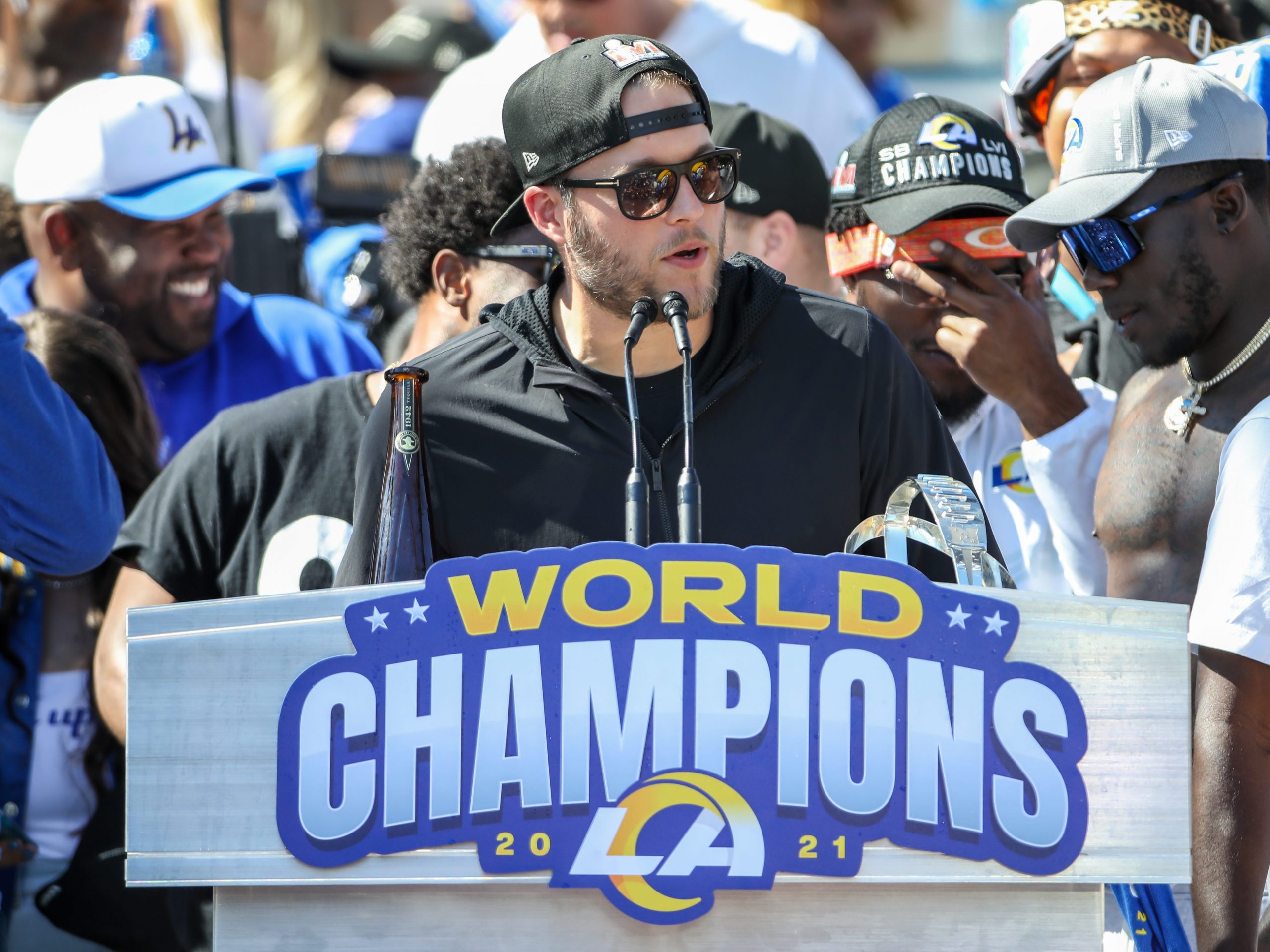 Los Angeles Rams quarterback Matthew Stafford #9 during the Los Angeles Rams Super Bowl LVI Championship parade on February 16, 2022, at the Los Angeles Memorial Coliseum in Los Angeles, CA.