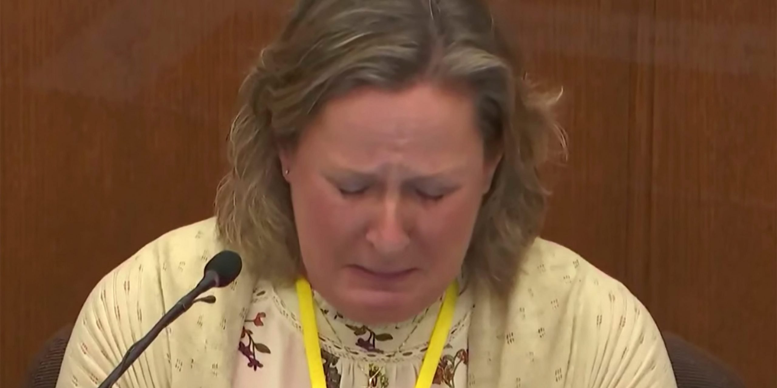 In this screen grab from video, former Minnesota police officer Kim Potter breaks down while testifying at her trial on manslaughter charges on Friday, Dec. 17, 2021.