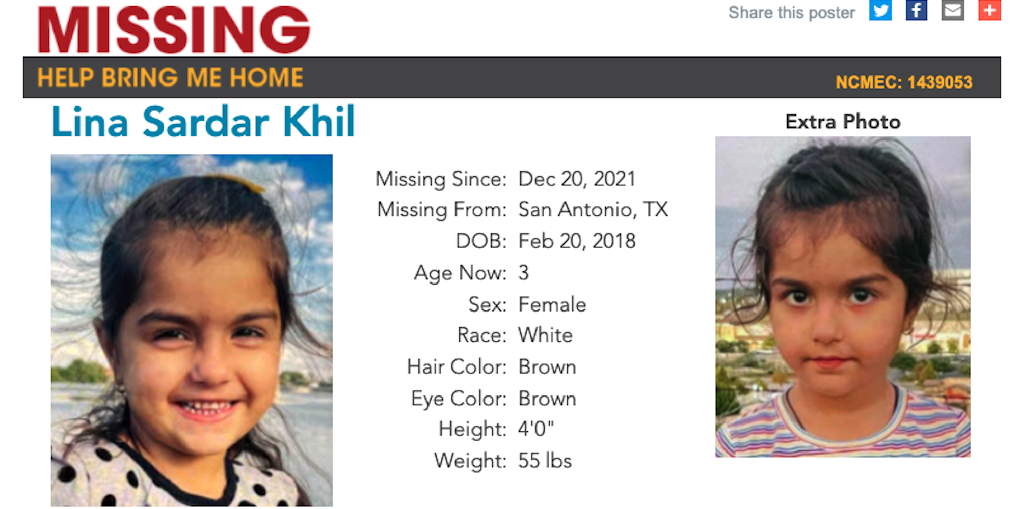 Reward increased to $170,000 for Afghan immigrant girl, 3, who