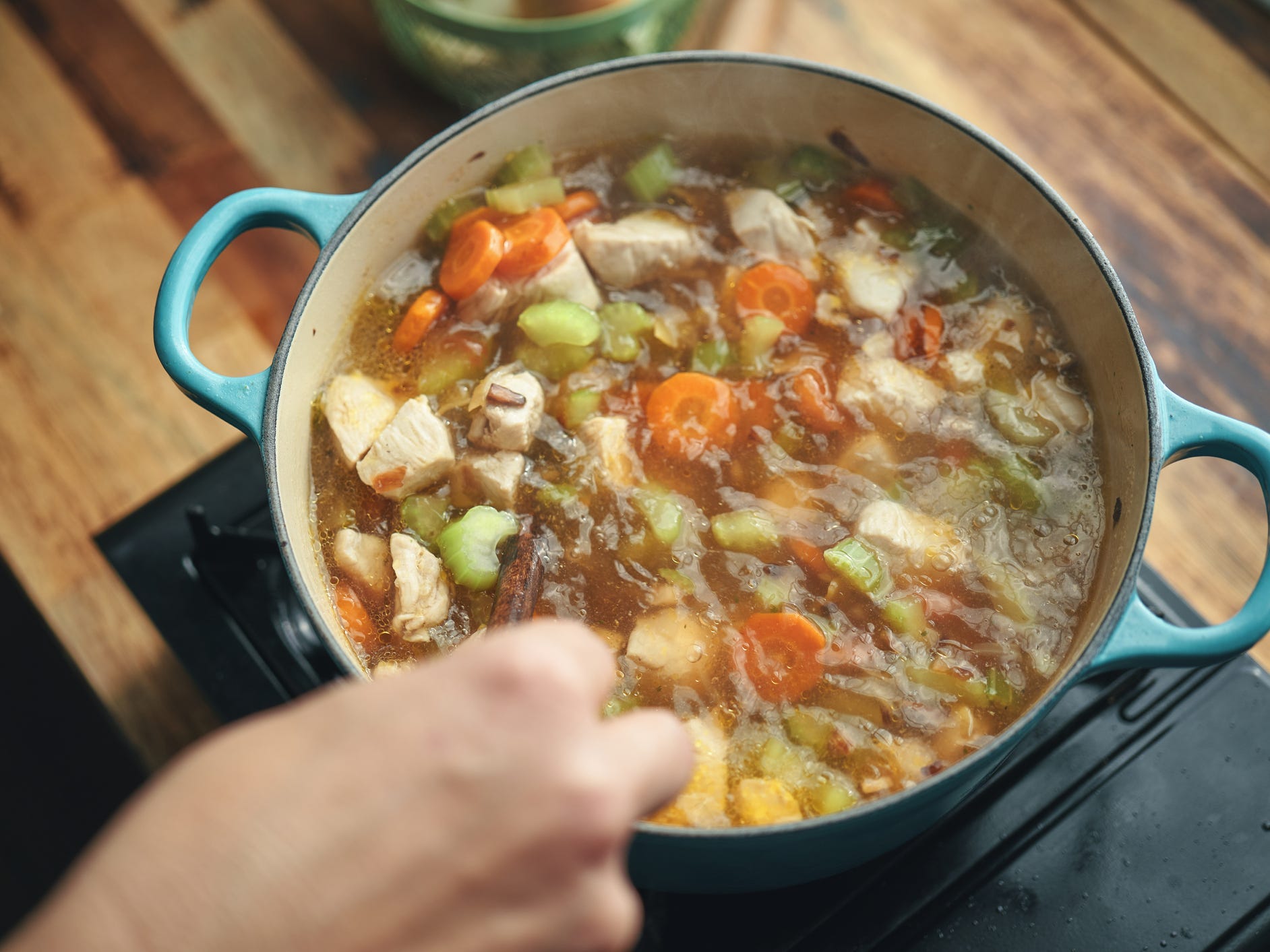 Chicken noodle soup in a dutch oven, overhead shot