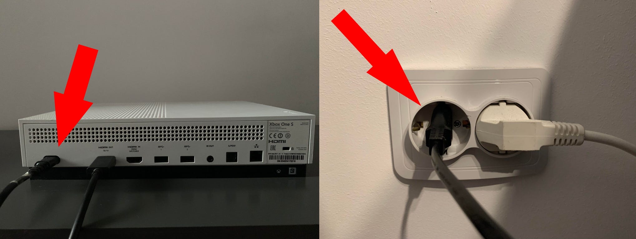 A picture with the HDMI cable connected to the TV on the left and on an Xbox One console on the right.