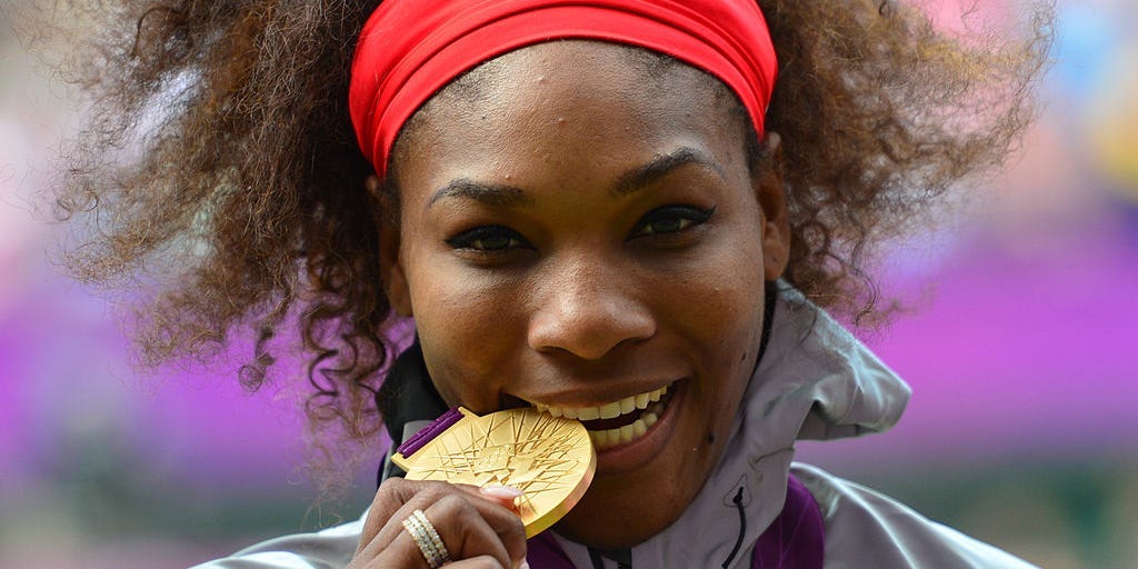 US Serena Williams with her gold medal in the women's singles gold medal match of the 2012 Olympic Games.