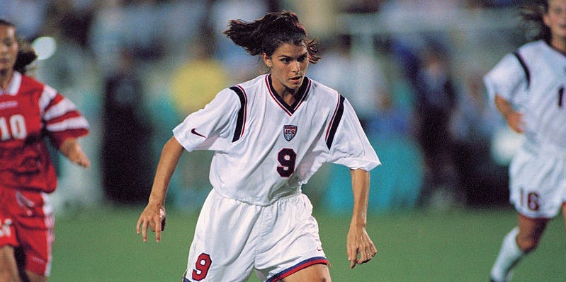 Mia Hamm at the 1996 Summer Olympics women's soccer tournament against China.