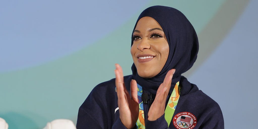 Ibtihaj Muhammad speaks at the 5th Annual LA84 Foundation Summit in 2016.