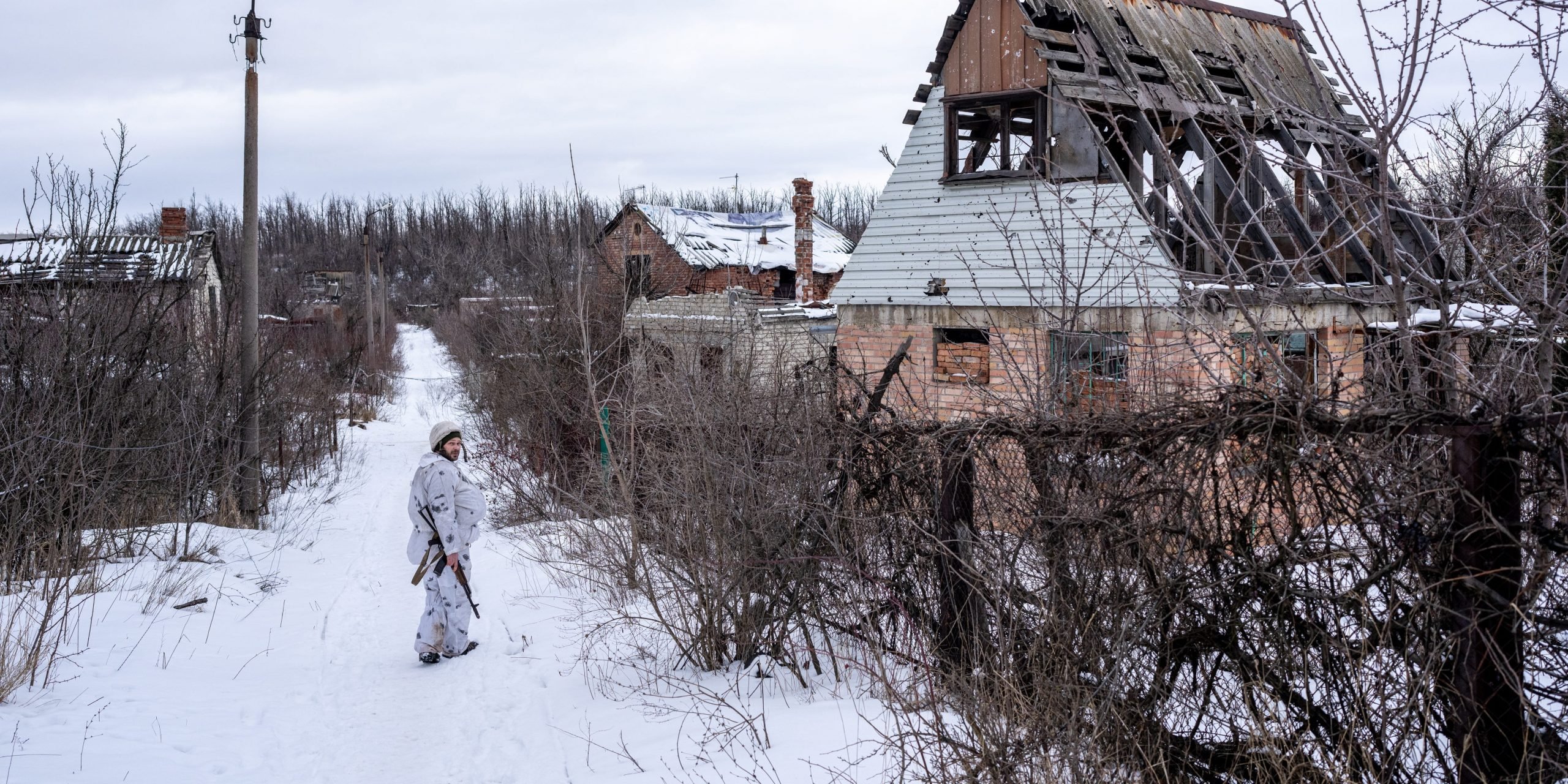 Ukrainian Servicemen are seen outside of Donetsk, Ukraine on February 01, 2022.