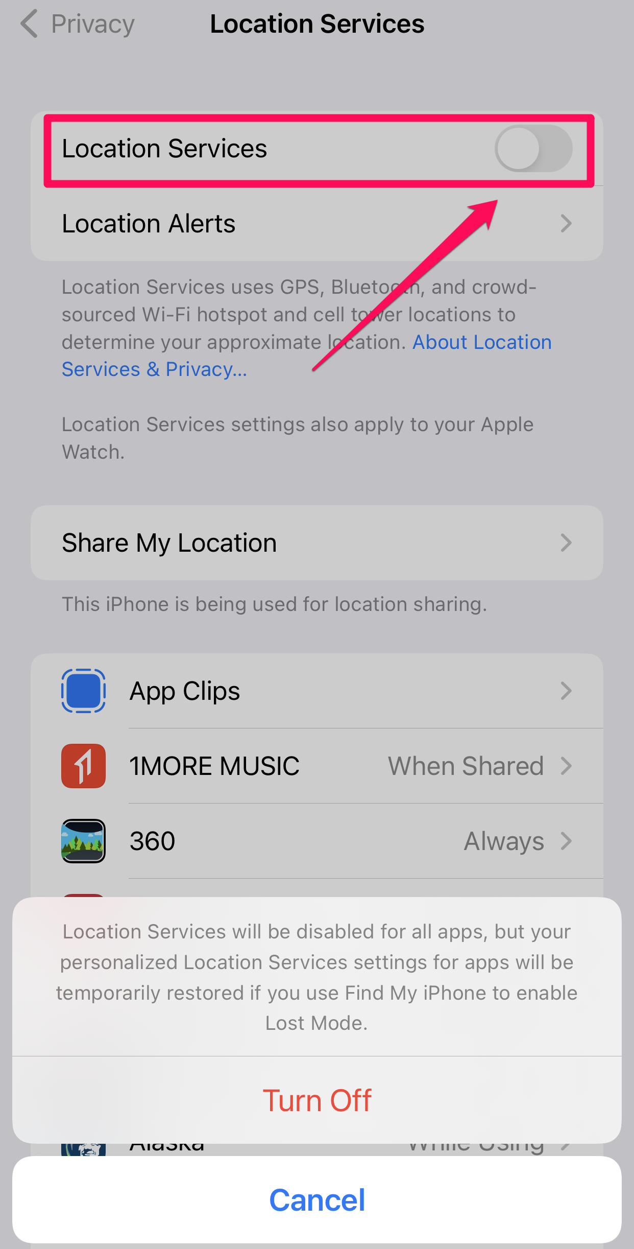 iOS Location Services Settings