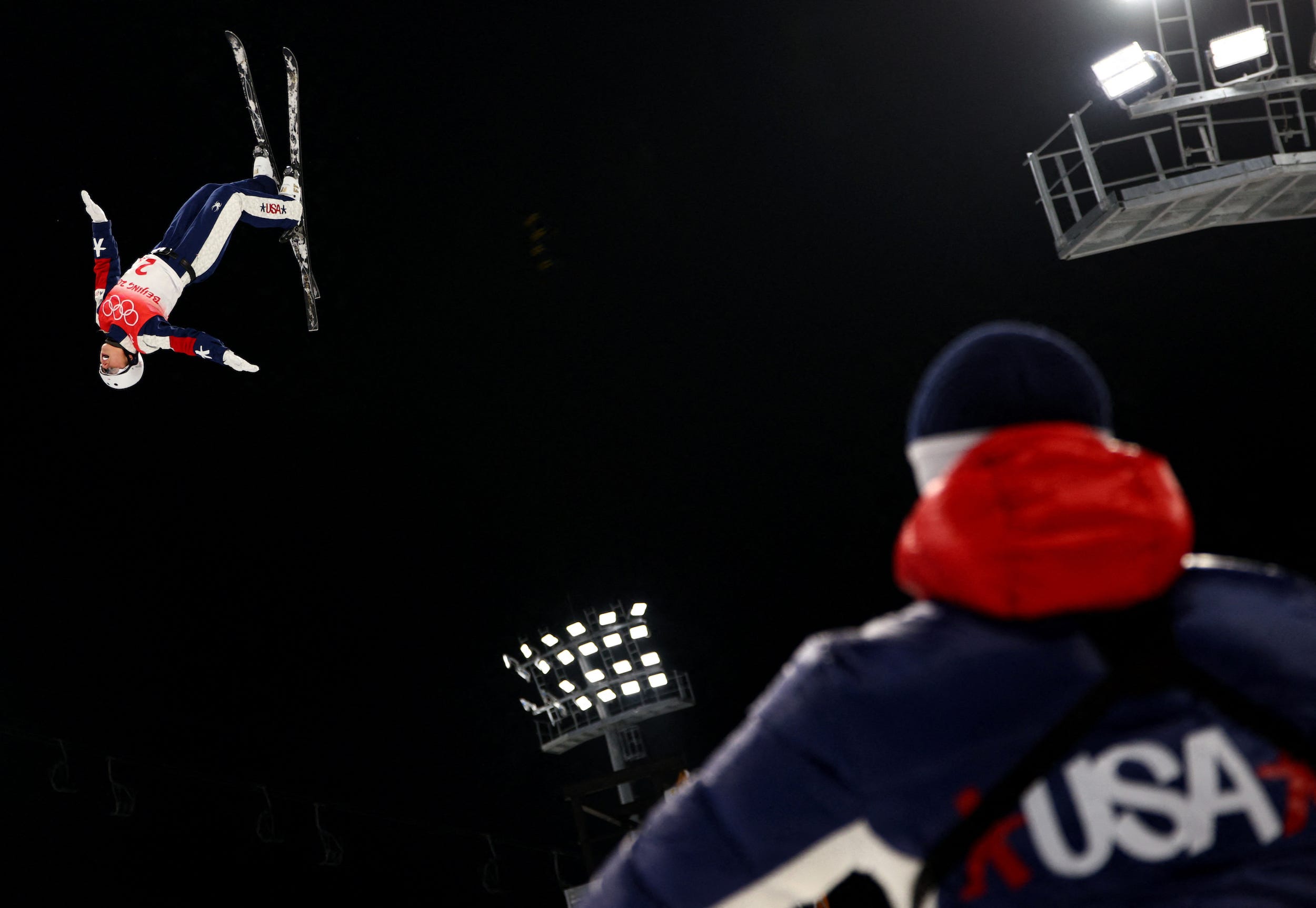 Ashley Caldwell (left) competes as a fellow member of Team USA looks on.