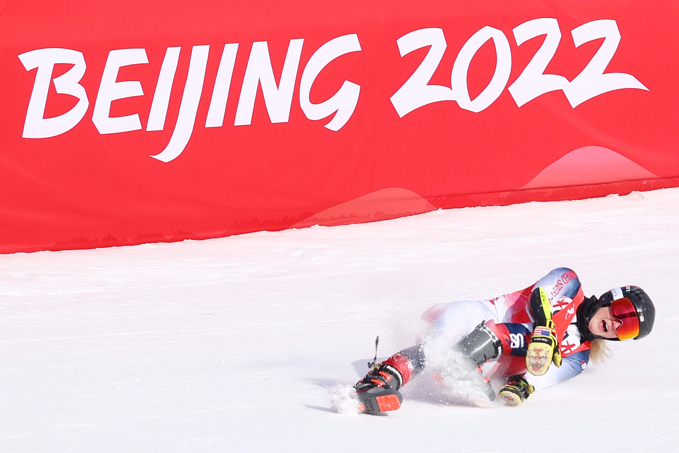 Nina O'Brien of Team United States crashes during the Women's Giant Slalom 2nd run on day three of the Beijing 2022 Winter Olympic Games.