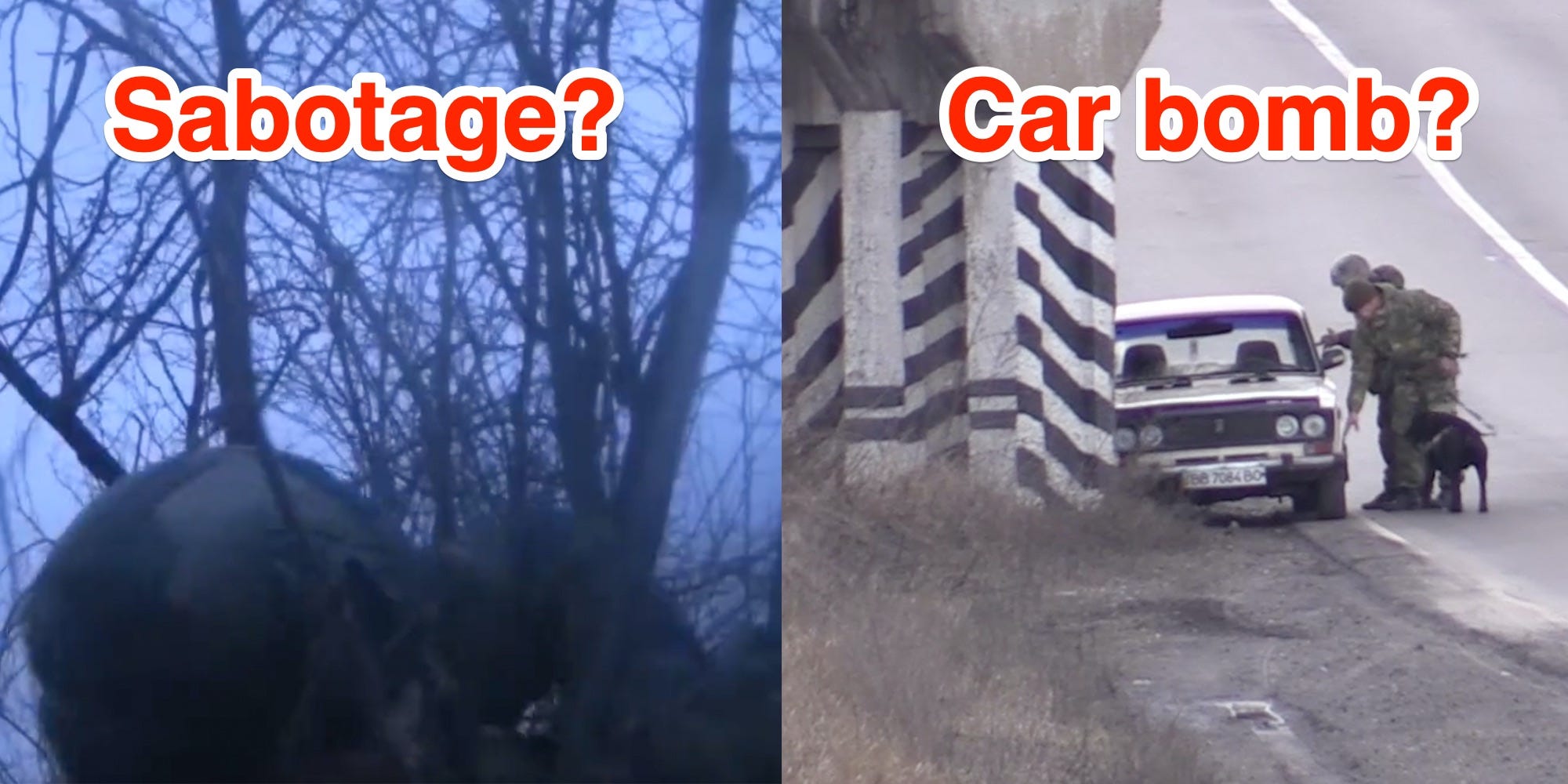 Screengrabs from two videos purporting to show (left) a sabotage operation and (right) a car bomb being removed in eastern Ukraine.