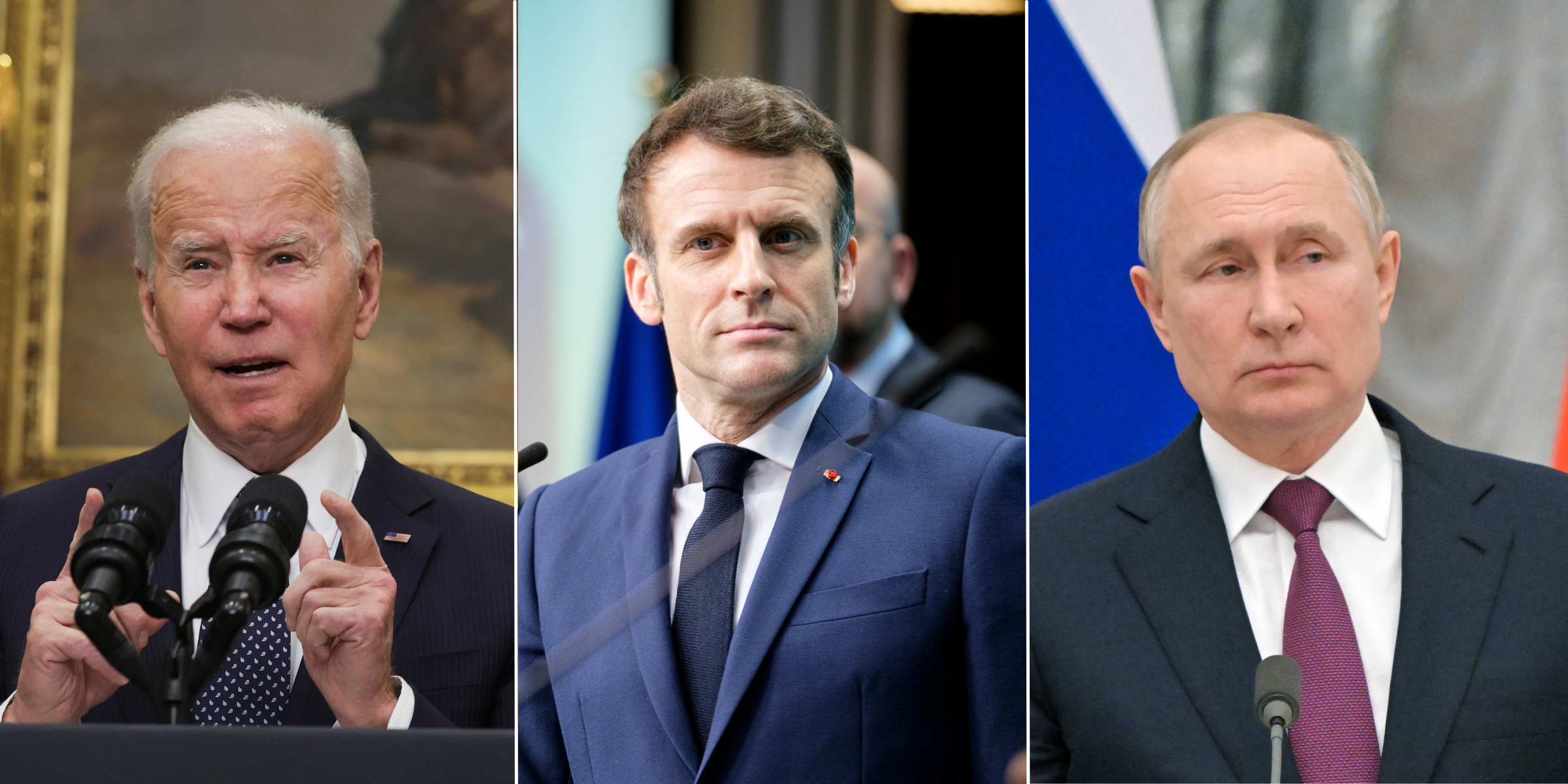 Presidents Joe Biden, Emmanuel Macron, and Vladimir Putin attend conferences