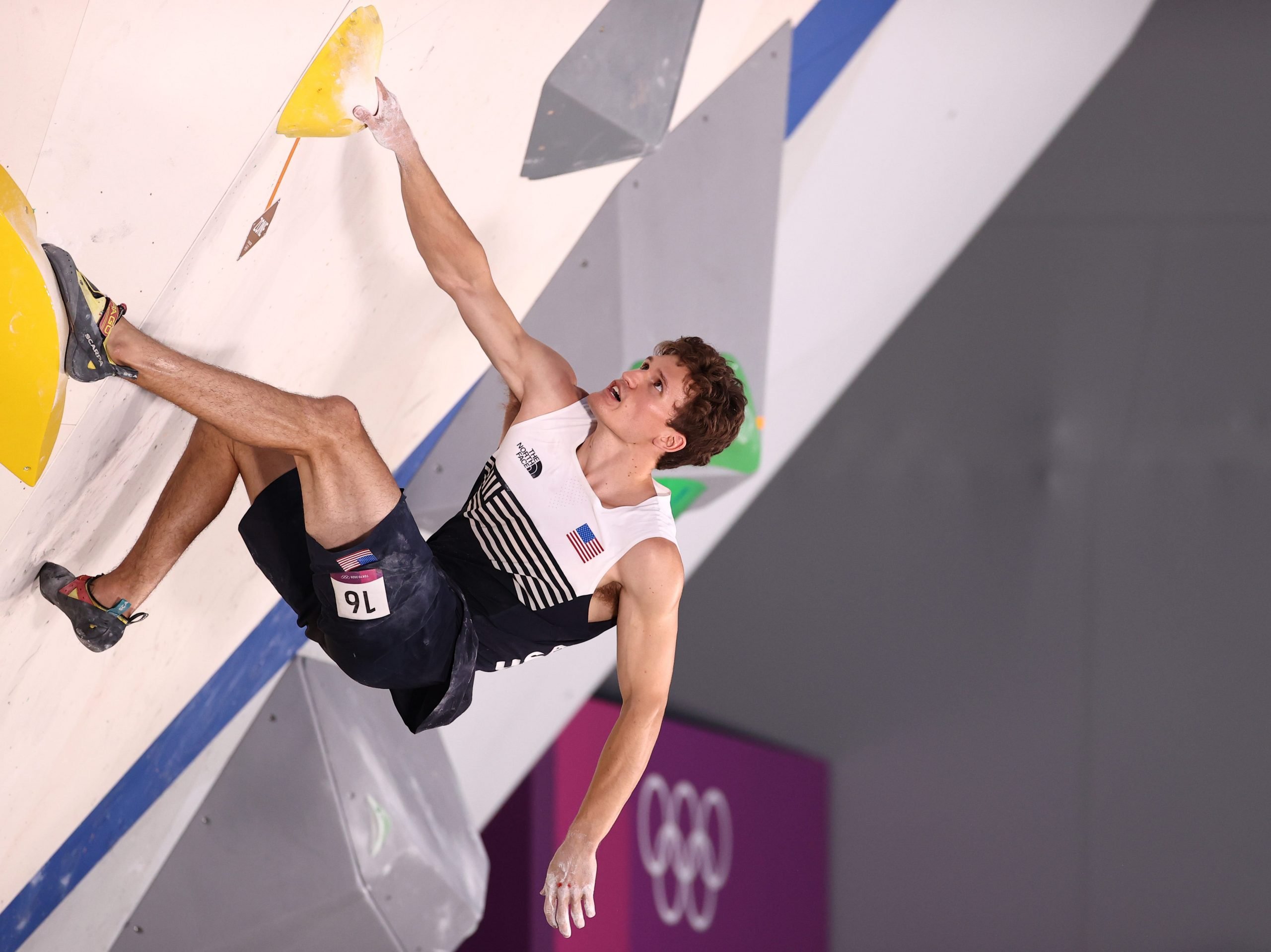 Nathaniel Coleman of The United States of America during the Sport Climbing Men's Combined, Bouldering Qualification on day eleven of the Tokyo 2020 Olympic Games at Aomi Urban Sports Park on August 03, 2021 in Tokyo, Japan.