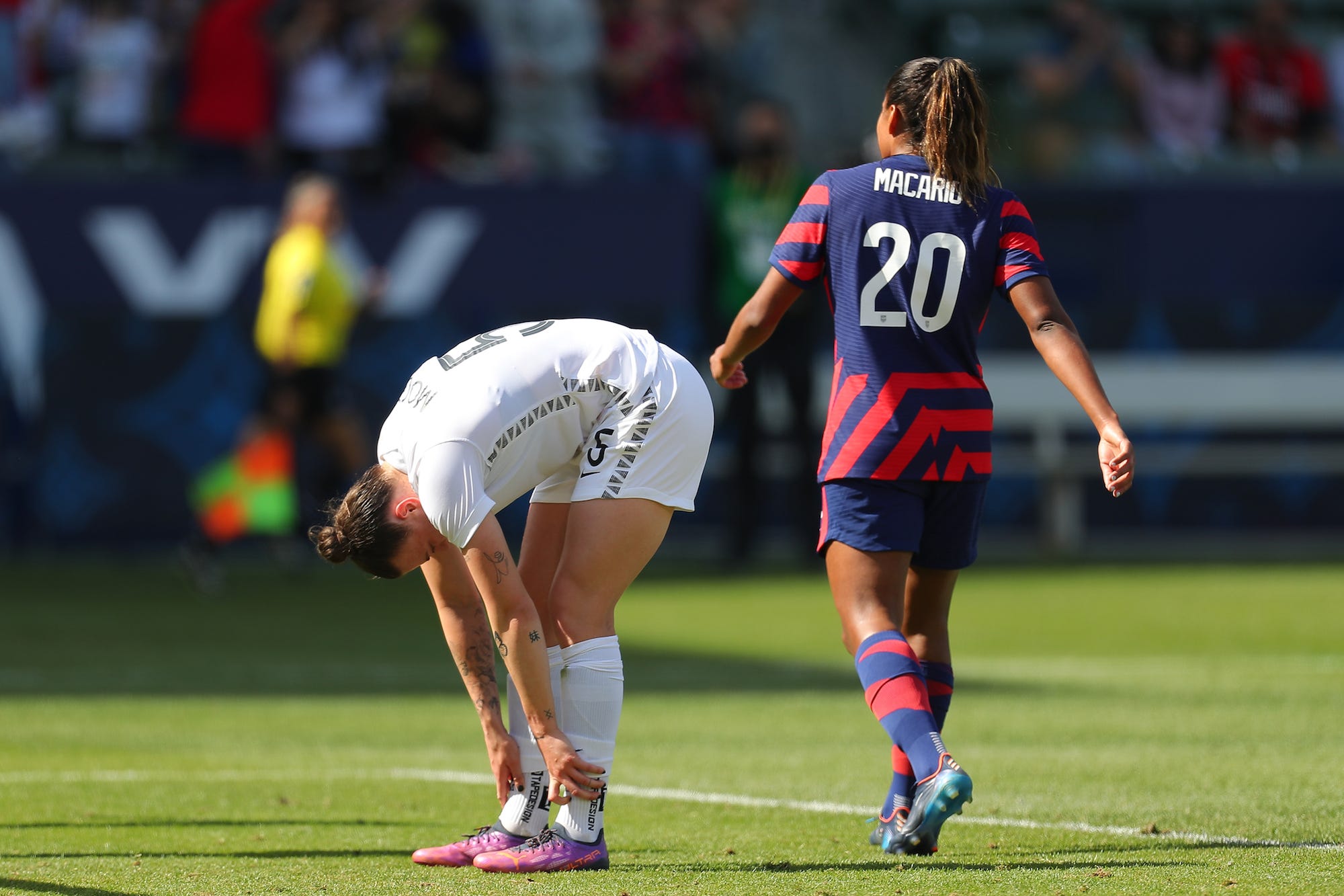 Meikayla Moore #5 of New Zealand reacts after an own goal against her during a match between New Zealand and United States as part of SheBelieves Cup 2022 at Dignity Health Sports Park