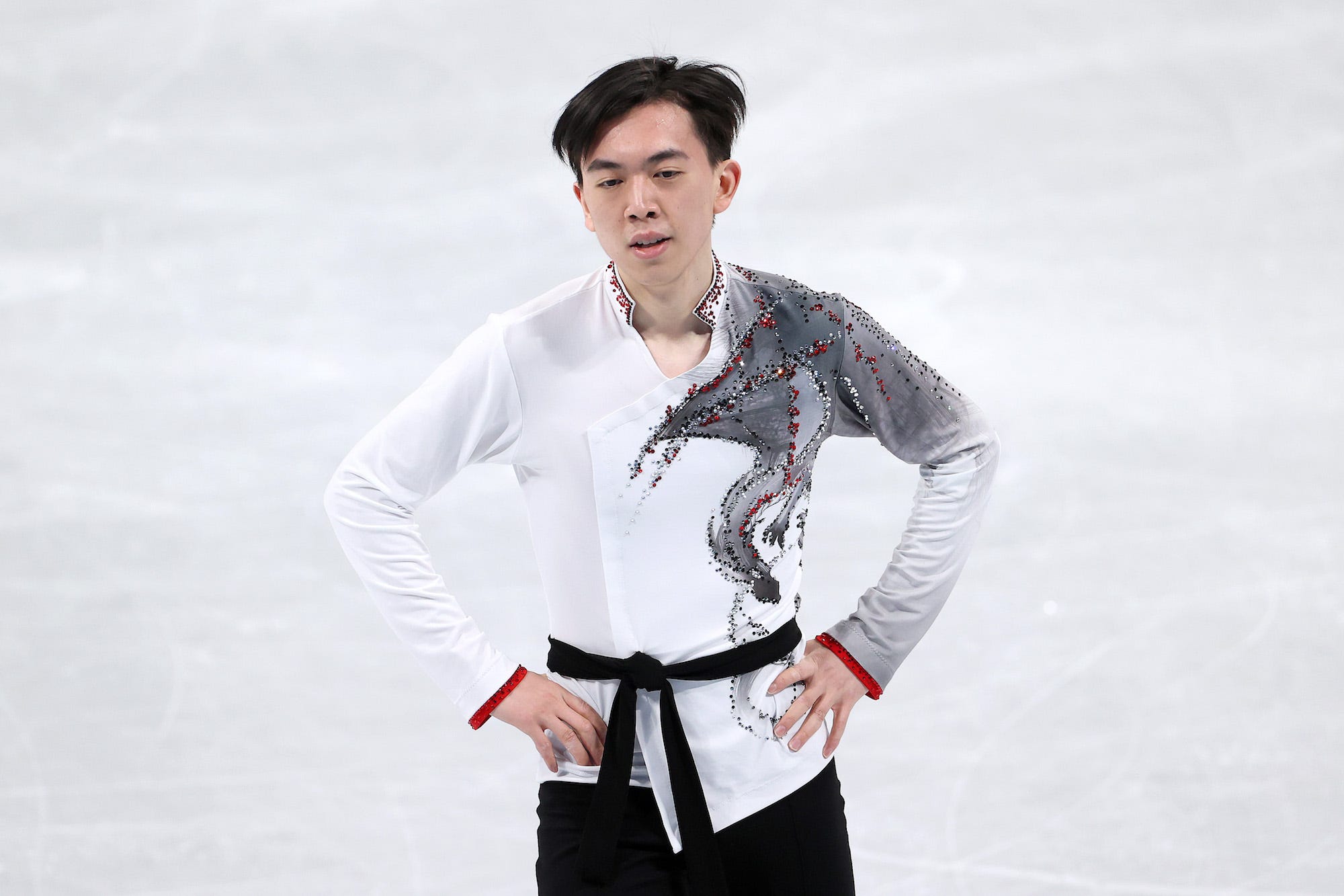 Vincent Zhou of Team United States skates during the Team Event Men Single Skating Free Skating during the Beijing 2022 Winter Olympics at Capital Indoor Stadium