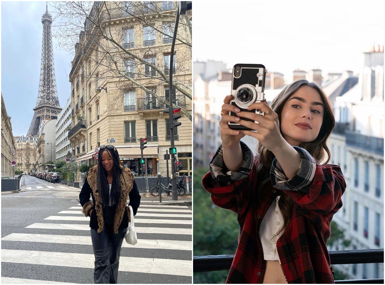 Ayana Smith in front of the Eiffel Tower in Paris, France and "Emily in Paris."