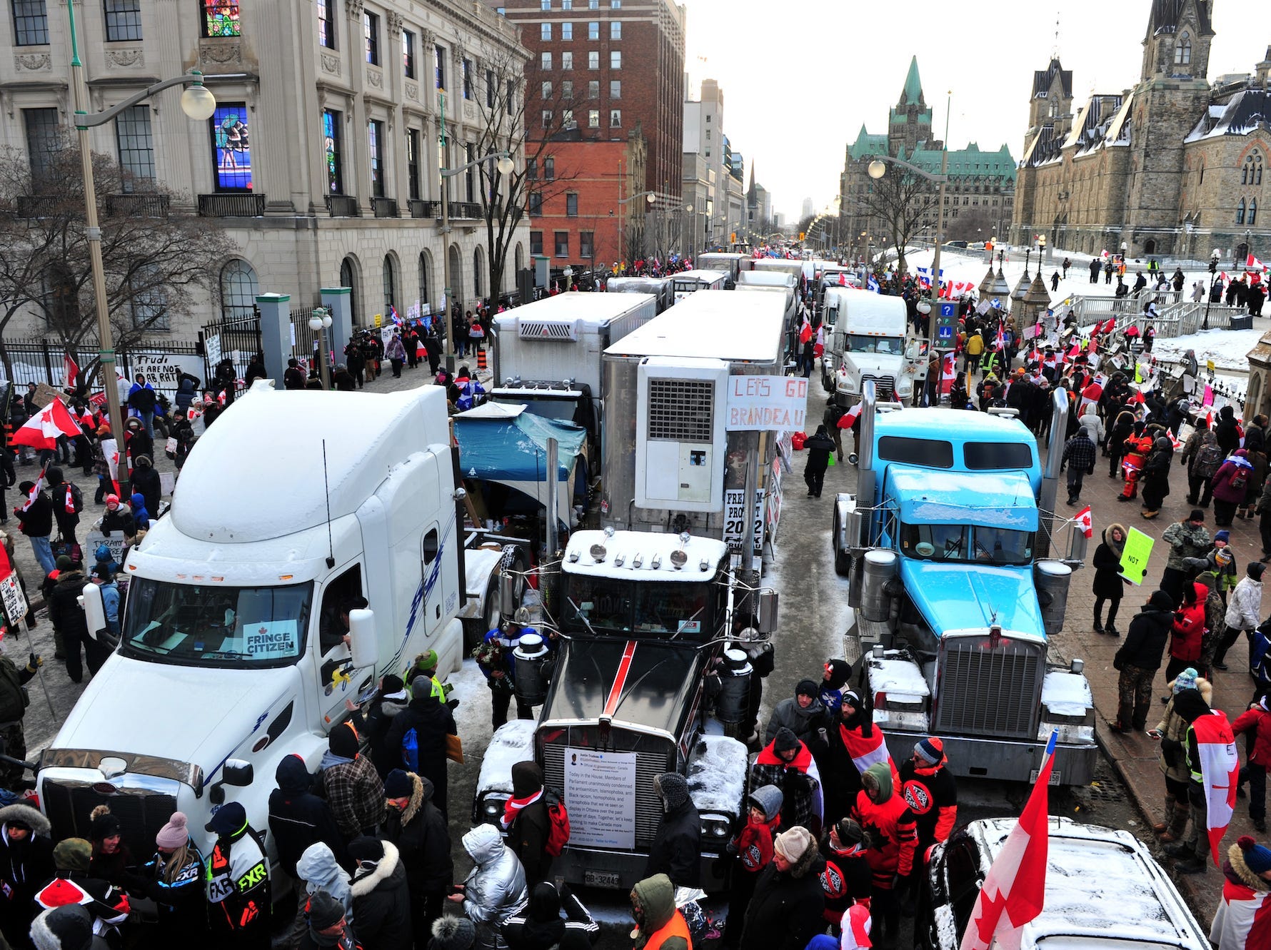 Anti-vaccine trucker protesters rally in Ottawa, Canada.