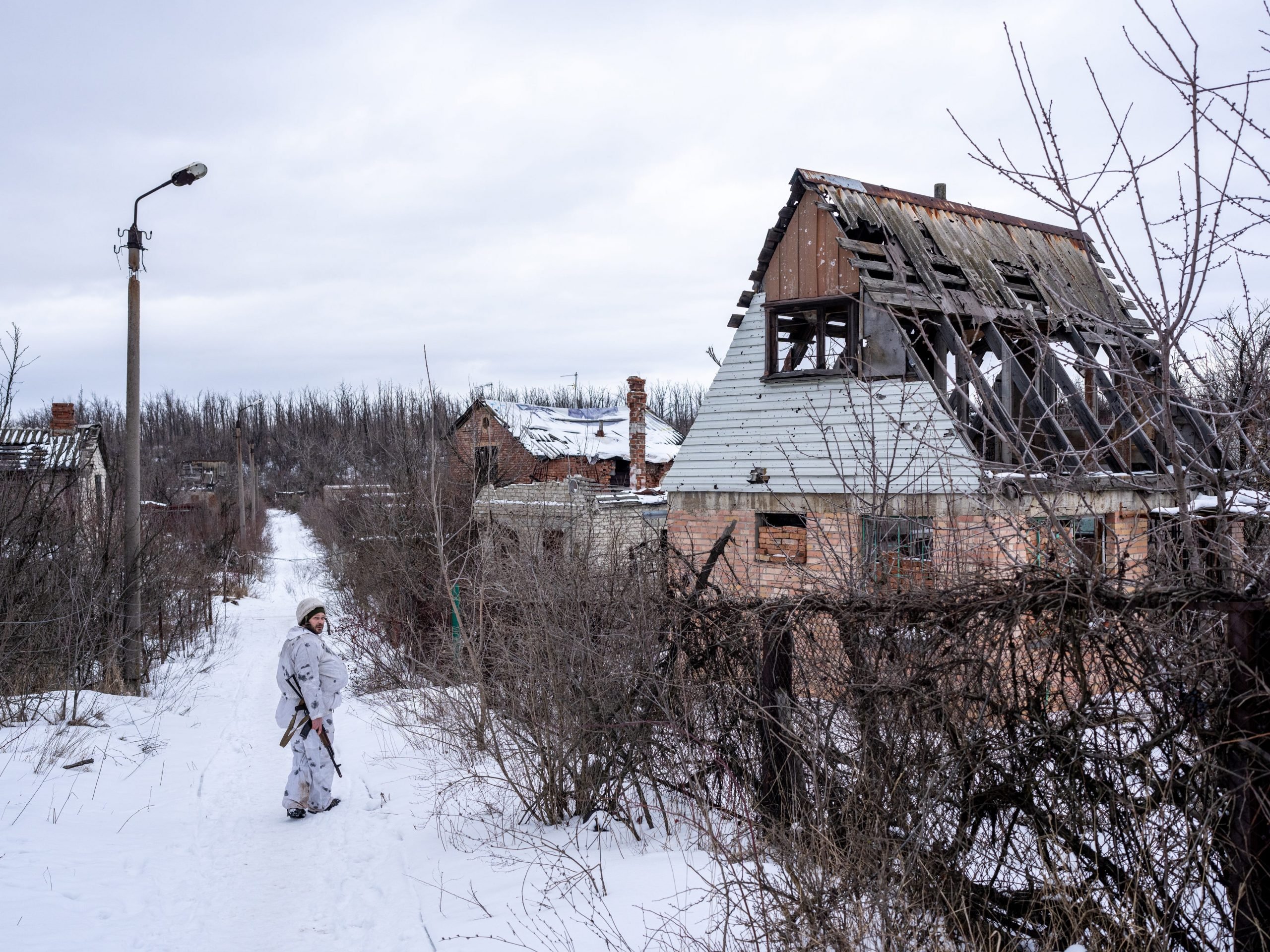 Ukrainian Servicemen are seen outside of Donetsk, Ukraine on February 01, 2022.