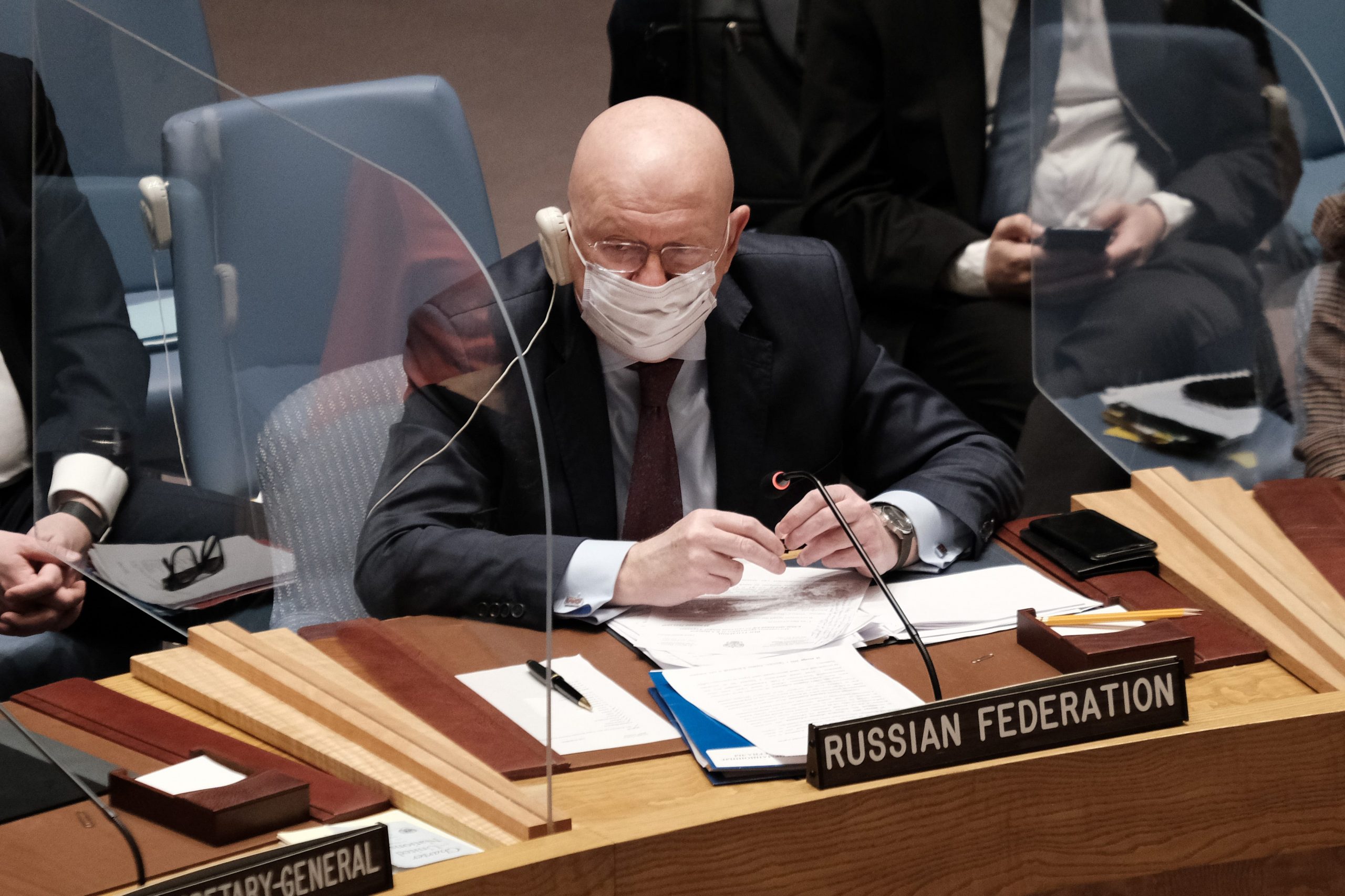 Russia's Ambassador to the United Nations Vasily Nebenzya attends a United Nations Security Council meeting to discuss the situation between Russia and Ukraine on January 31, 2022 in New York City. Russia’s massive military buildup on Ukraine's borders has worried nations both in the region and globally about the potential for another European war. The Security Council meeting is the latest attempt to deescalate the situation.