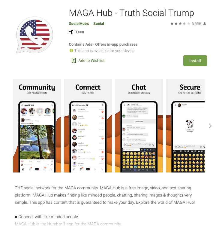 A store page showing the user interface of "MAGA Hub- Truth Social Trump."