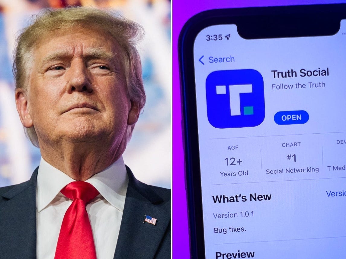 Donald Trump (left) and a phone displaying his social media app, Truth Social.