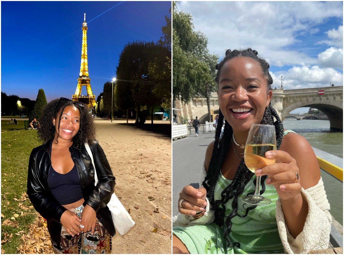 Ayana Smith, an American au pair in front of the Eiffel Tower and beside the river Seine.