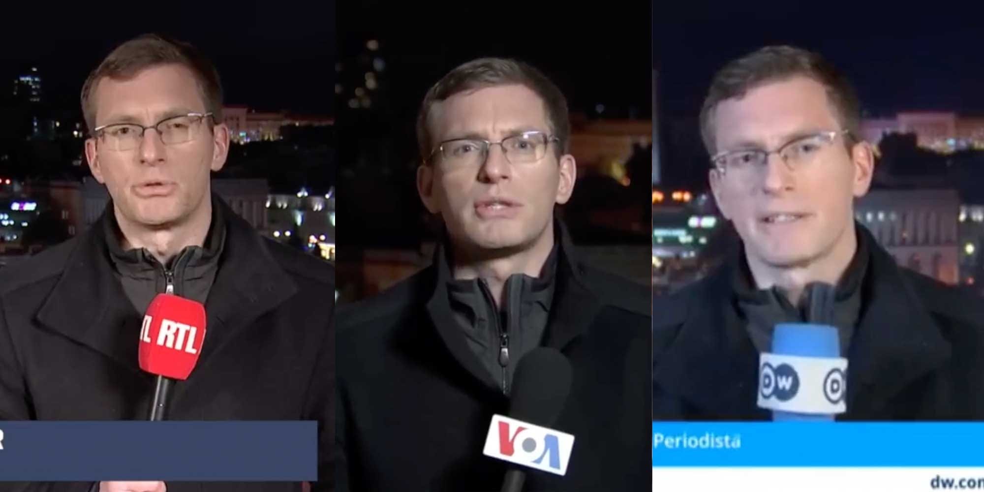 A composite image of screenshots of Philip Crowther speaking in three different languages on three different news channels.