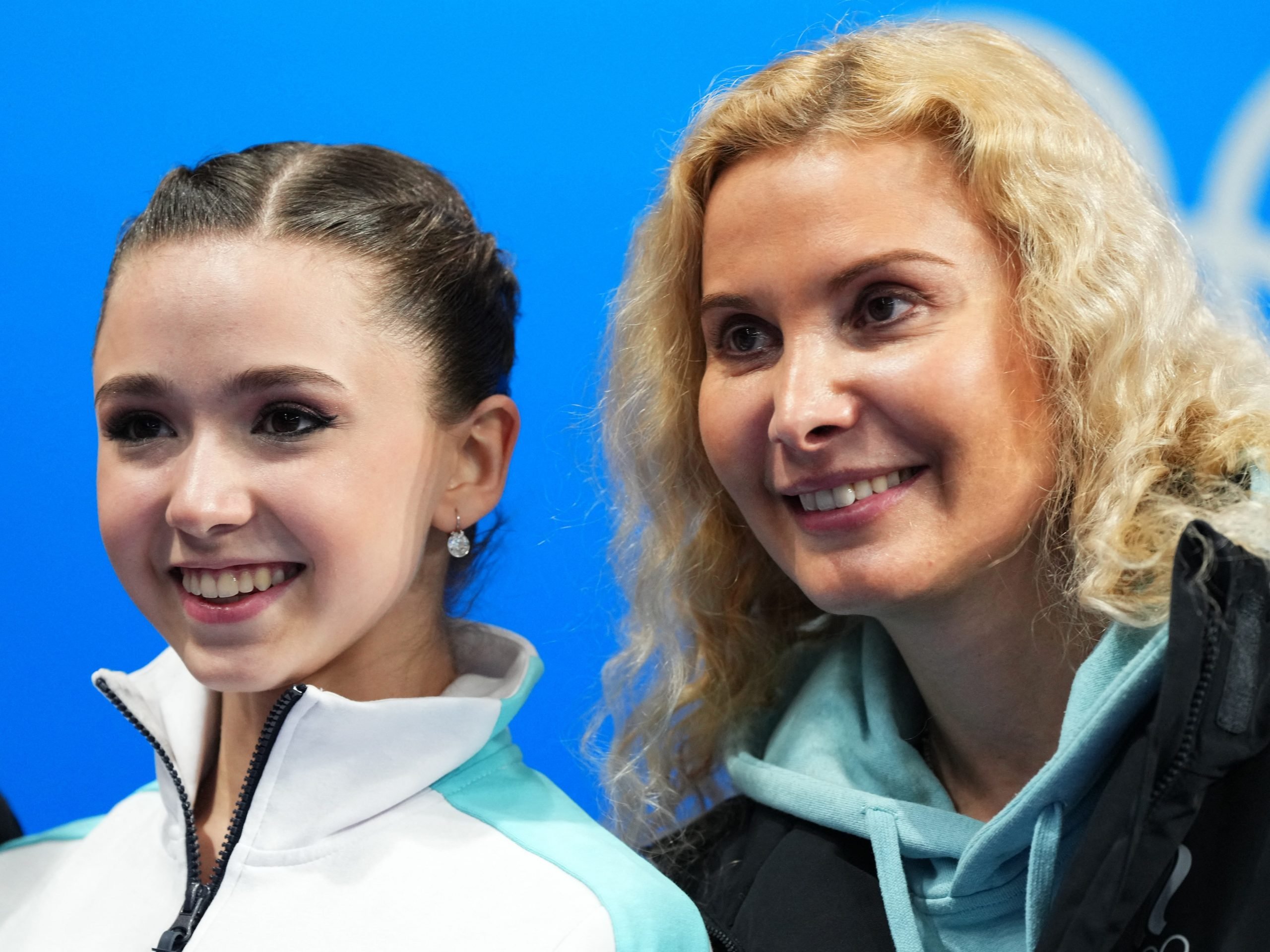 Kamila Valieva and her coach Eteri Tutberidze after performing at the Olympics.