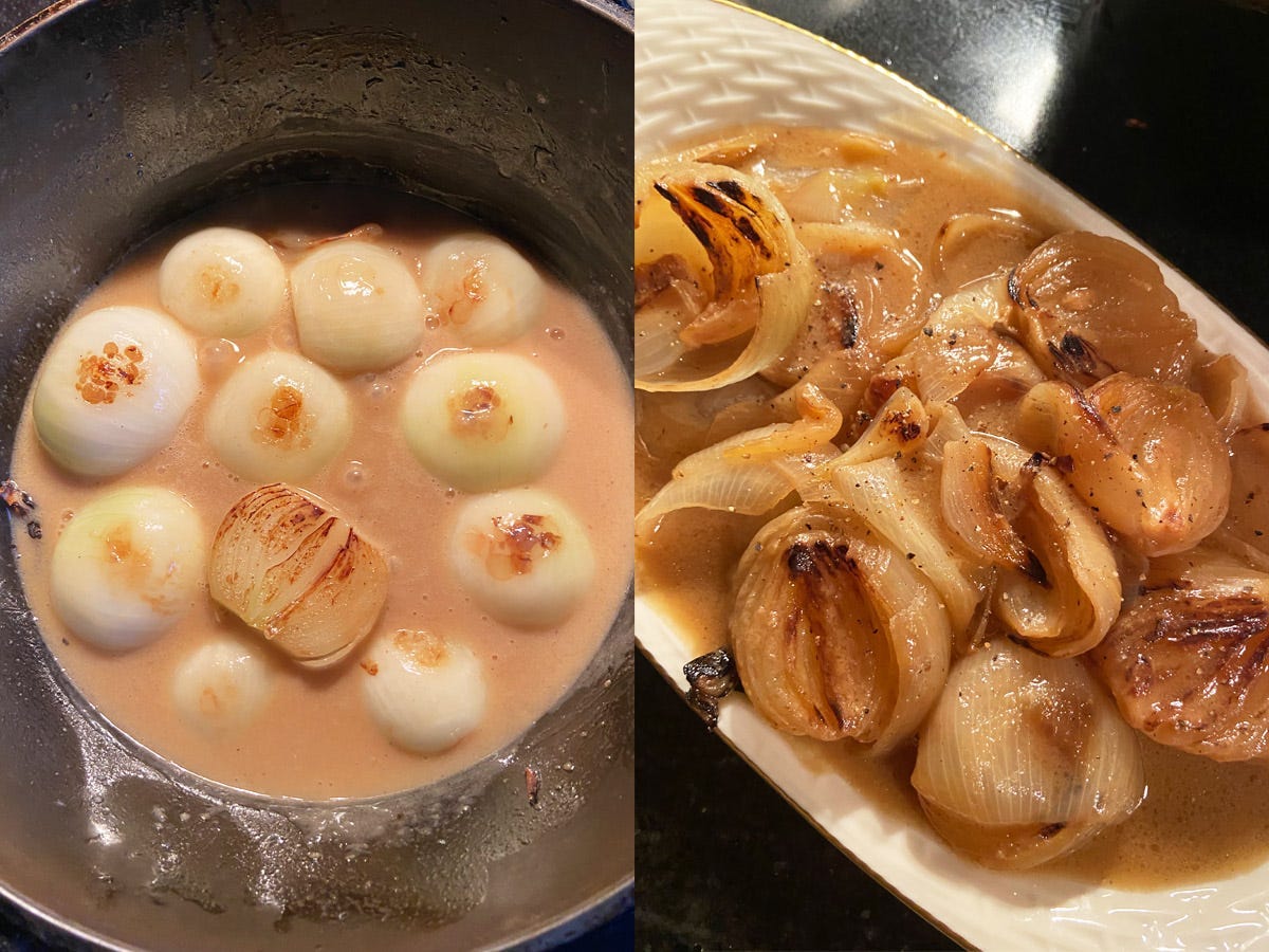 On the left, onions braising in miso-butter broth. On the right, braised onions plated on white dish.