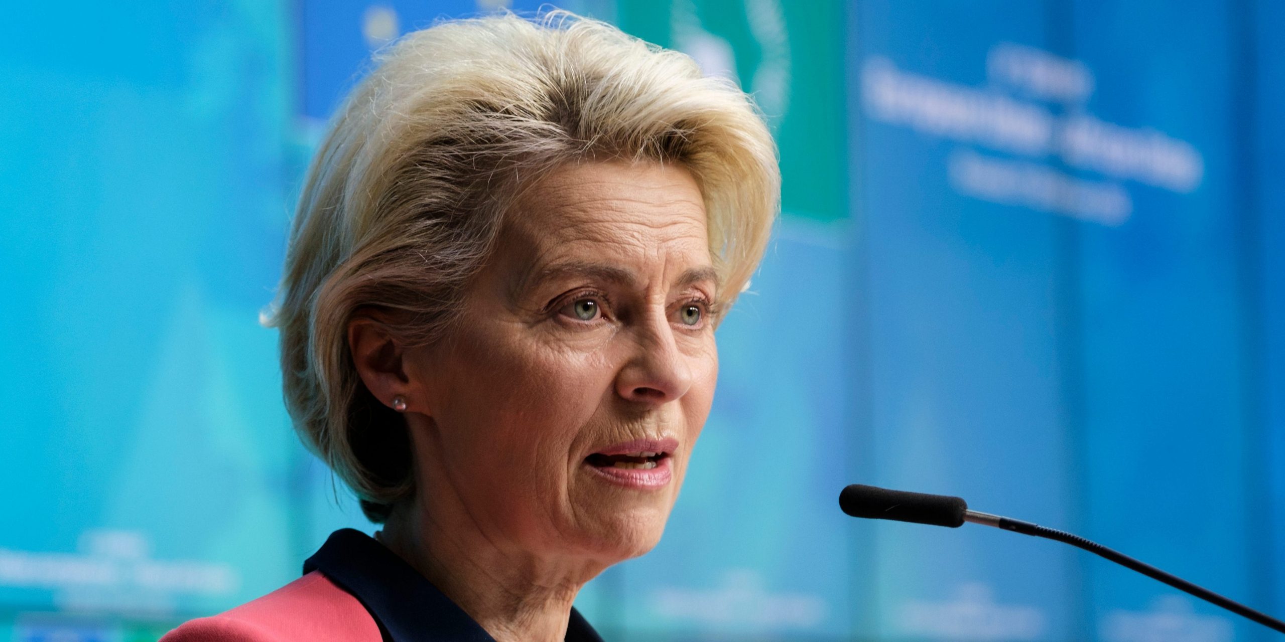 President of the European Commission Ursula von der Leyen is talking to media at the end of the second day of an EU Africa Summit on February 17, 2022 in Brussels, Belgium.