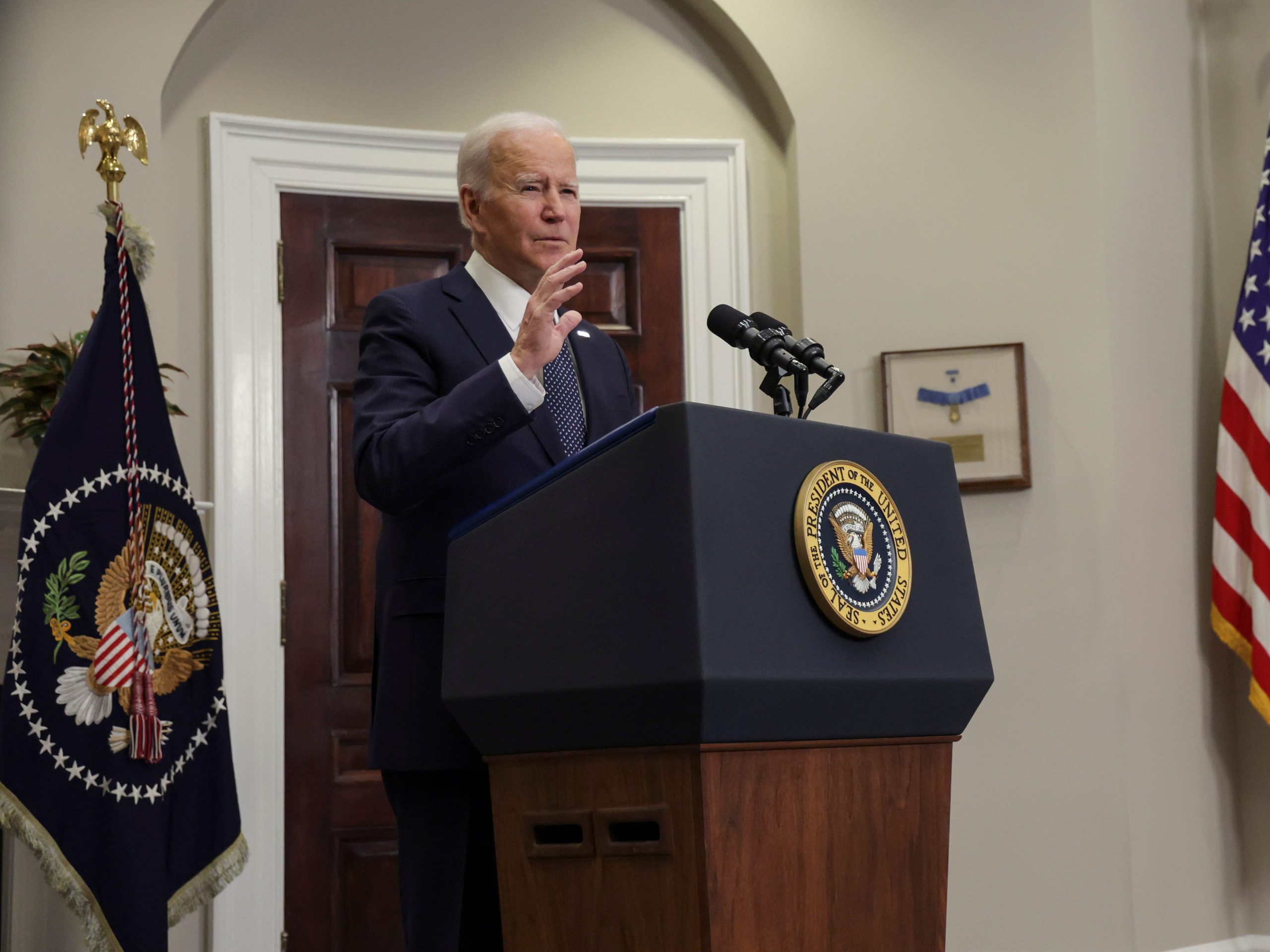 President Joe Biden arrives to speak to update the situation of the Ukraine-Russia border crisis during an event in the Roosevelt Room of the White House on February 18, 2022 in Washington, DC.