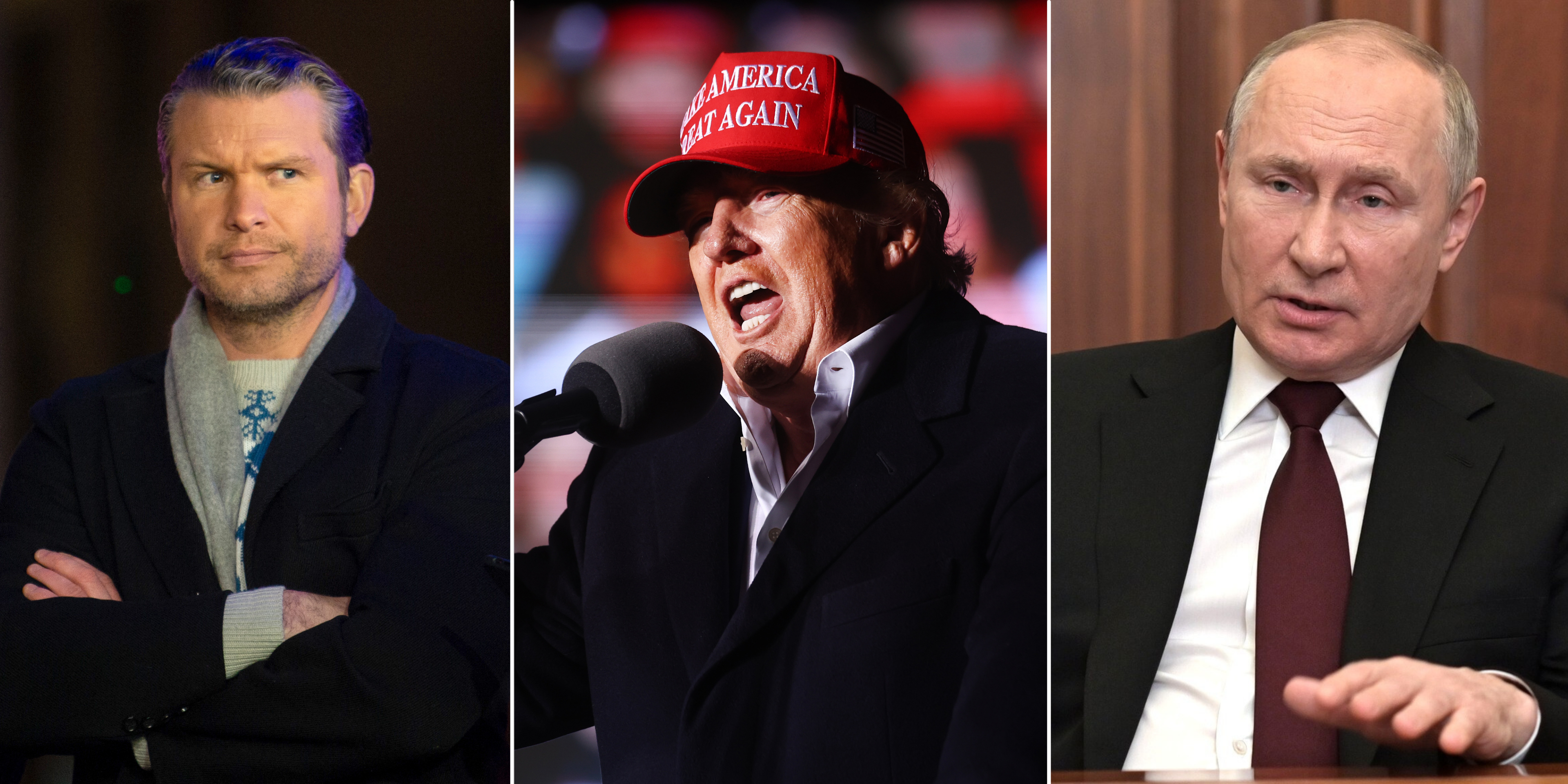 Three panels showing Pete Hegseth with arms crossed, Donald Trump with a MAGA hat, and Vladimir Putin speaking