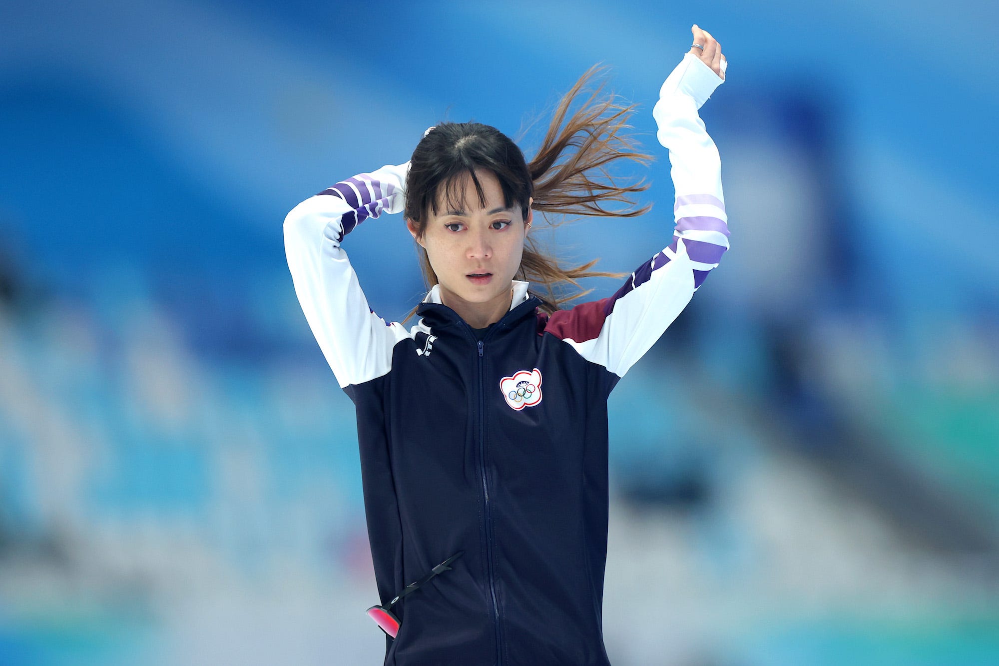 Yu Ting Huang of Team Chinese Taipei looks on during the Women's 1000m on day thirteen of the Beijing 2022 Winter Olympic Games at National Speed Skating Oval