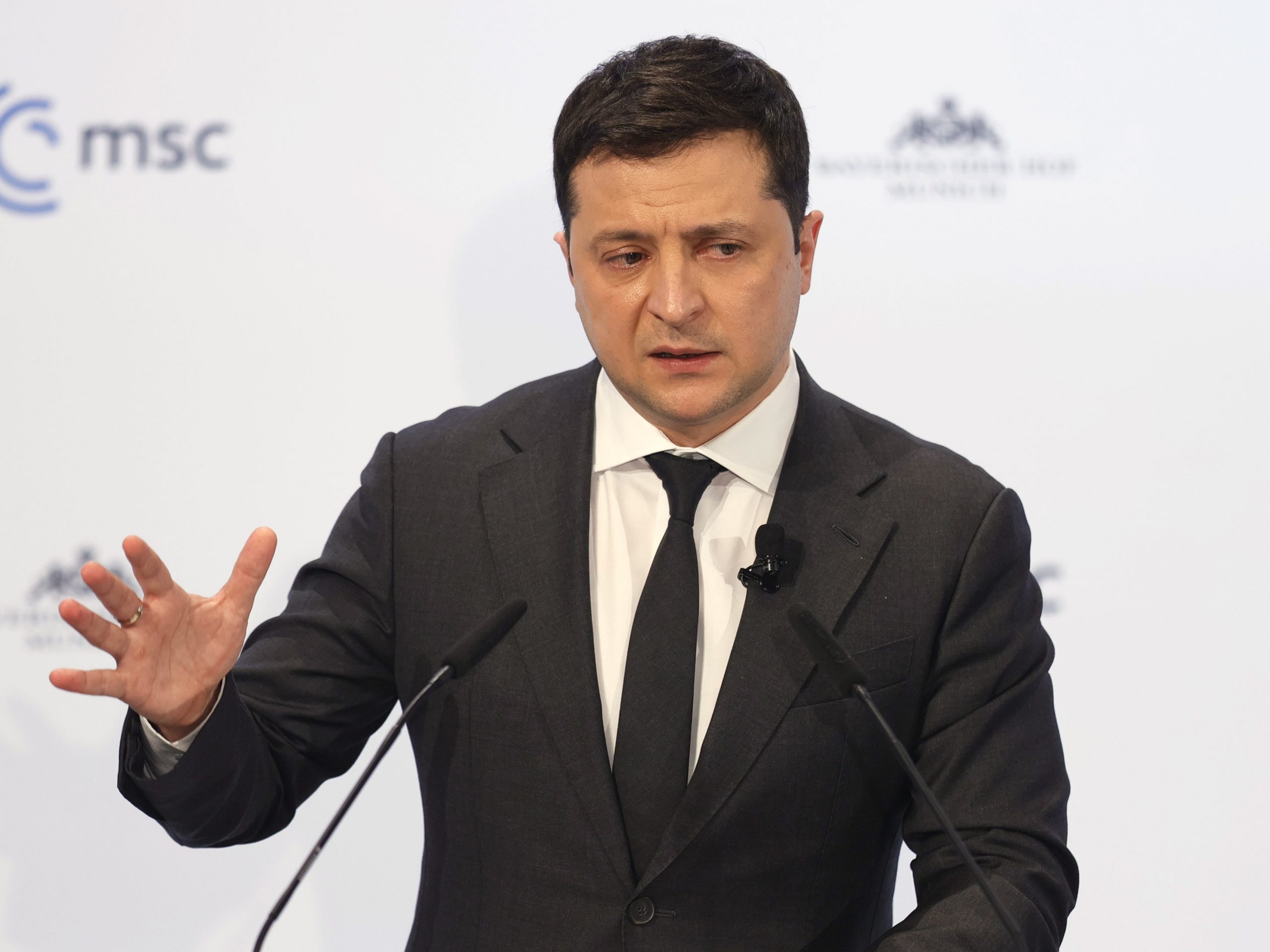 Ukrainian President Volodymyr Zelensky delivers a statement during the 58th Munich Security Conference (MSC) on February 19, 2022 in Munich, Germany.