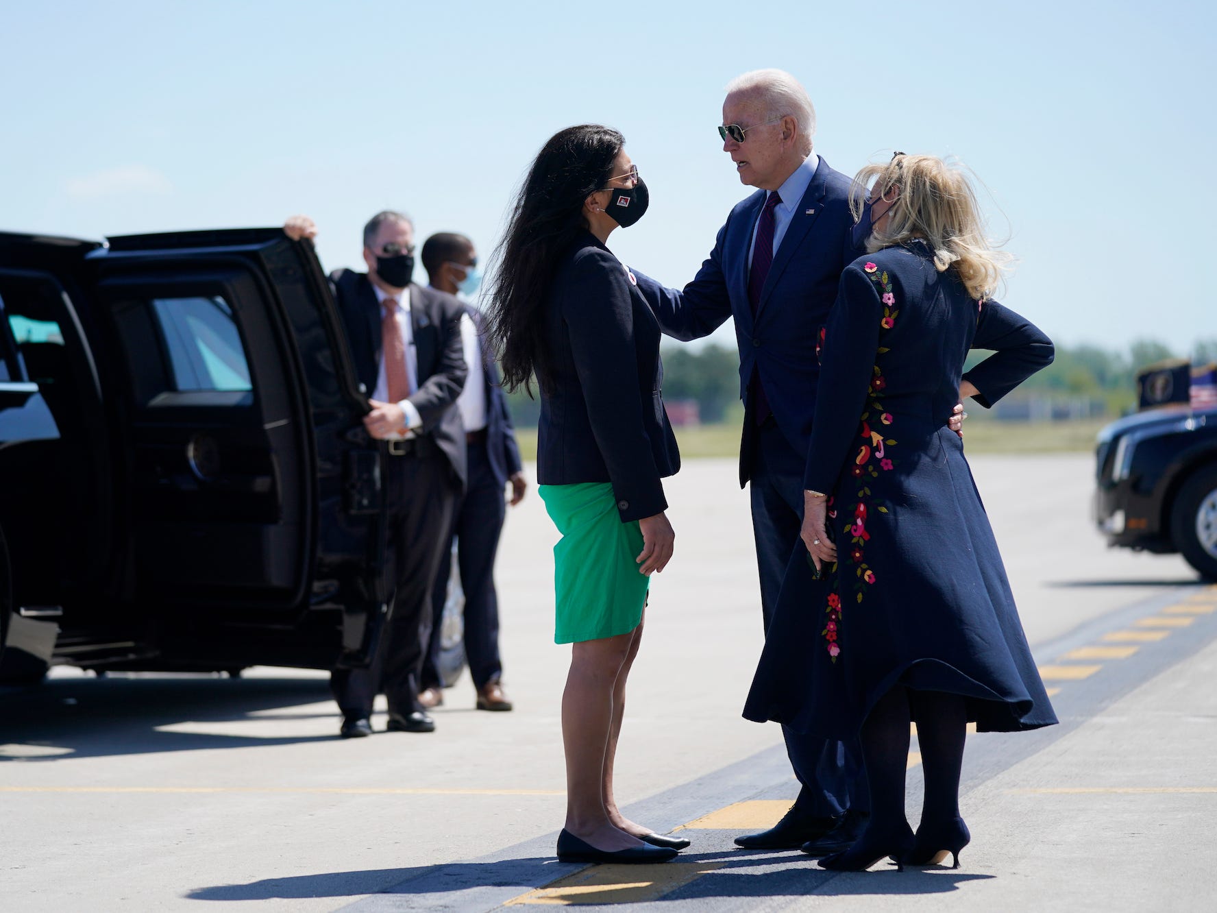 Rep. Tlaib confronts President Biden on the tarmac of the Detroit Metropolitan Wayne County Airport on May 18, 2021.