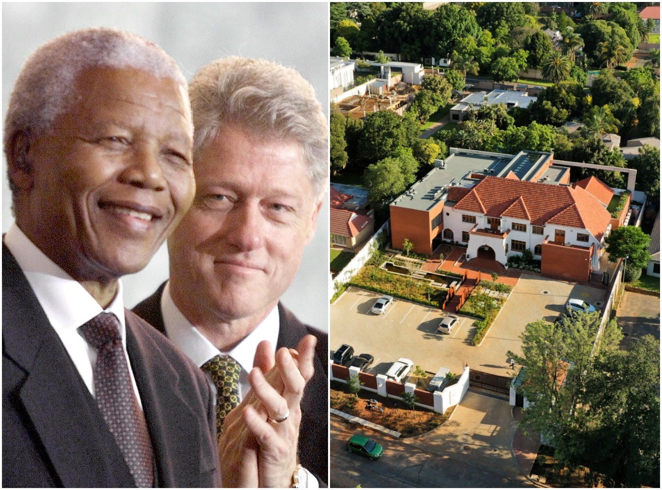 Nelson Mandela and Bill Clinton (left) and the Sanctuary Mandela hotel in Johannesburg (right).
