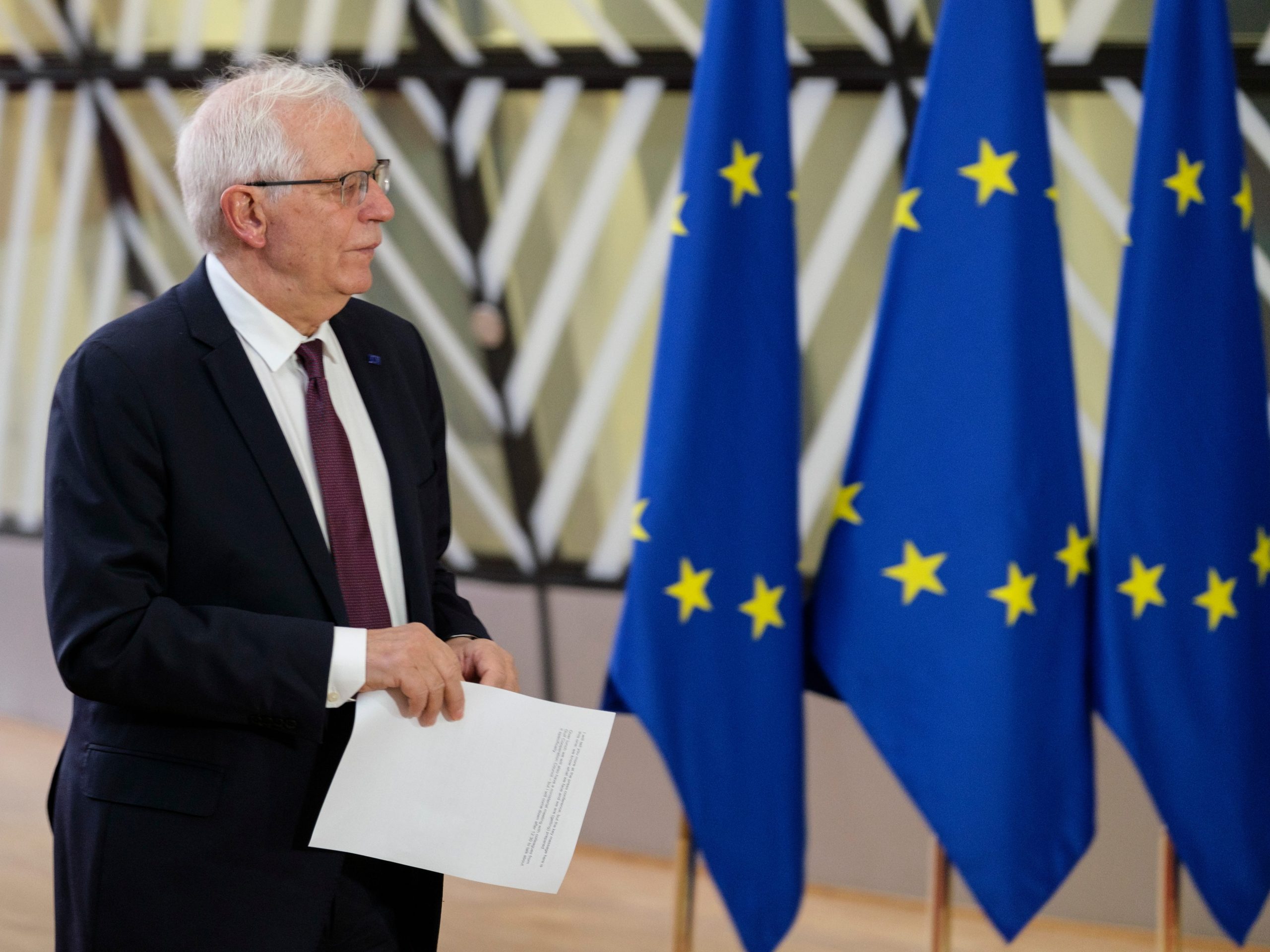 EU Commissioner for Foreign Affairs and Security Policy - Vice President Josep Borrell talks to media prior an EU Foreign affairs Ministers meeting, in the Europa building, the EU Council headquarters on February 21, 2022 in Brussels, Belgium.