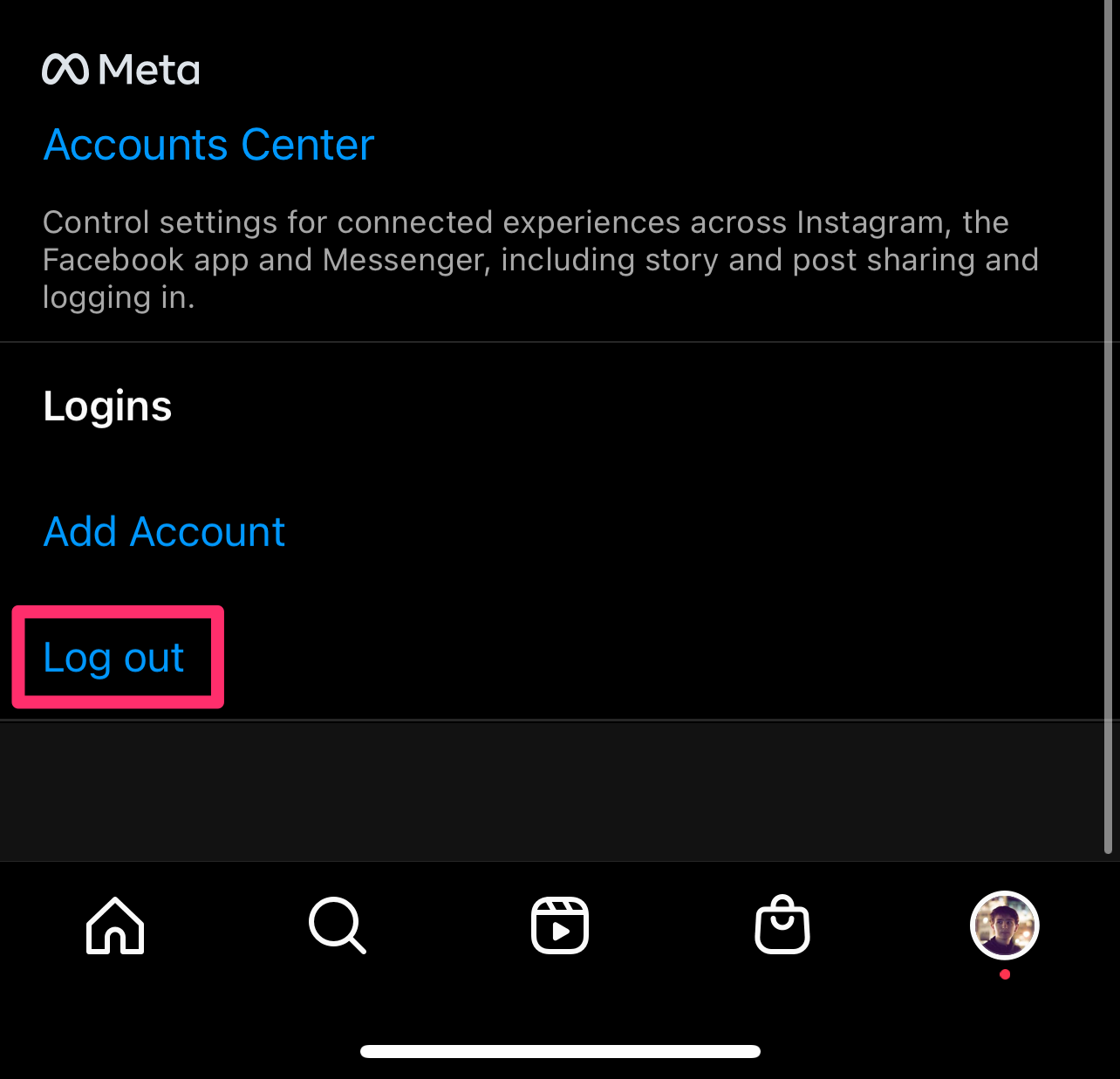 Screenshot of part of the Instagram settings menu with the Log out button highlighted.